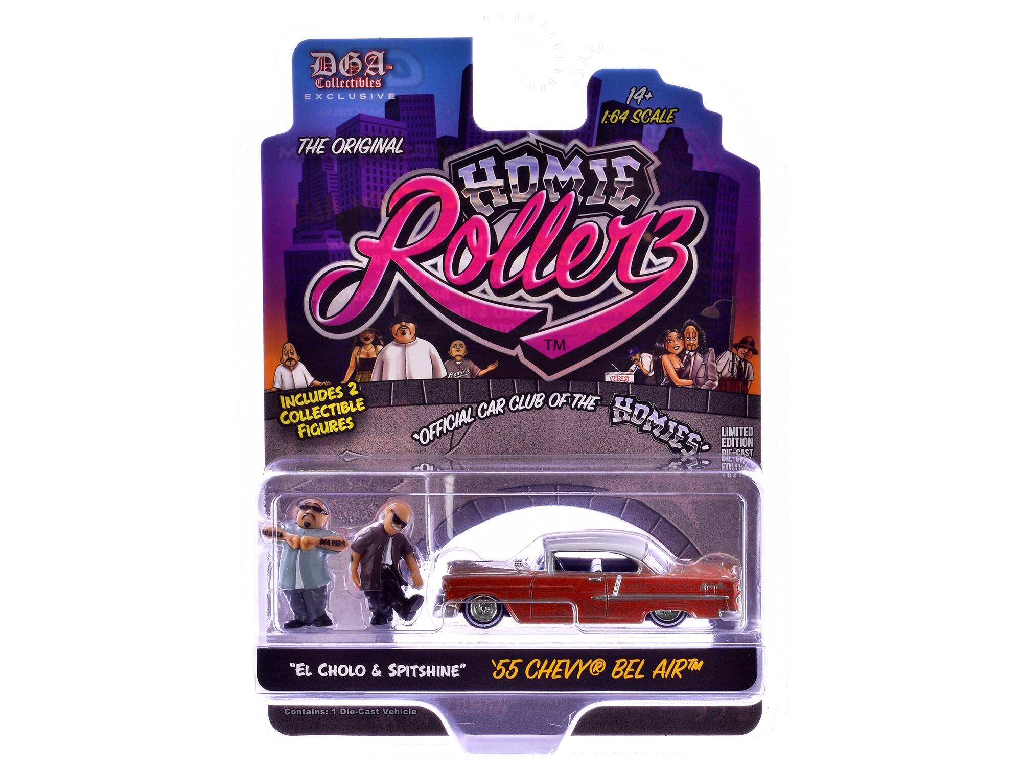 DGA Collectibles EXCLUSIVE 14+ 1:64 SCALE THE ORIGINAL HOMIE Rollers™ PS 9 INCLUDES 2 COLLECTIBLE FIGURES OFFICIAL CAR CLUB OF THE HOMIES LIMITED EDITION DIE-CAST 3M1 AE - "EL CHOLO & SPITSHINE" 55 CHEVY BEL AIR™ Contains: 1 Die-Cast Vehicle