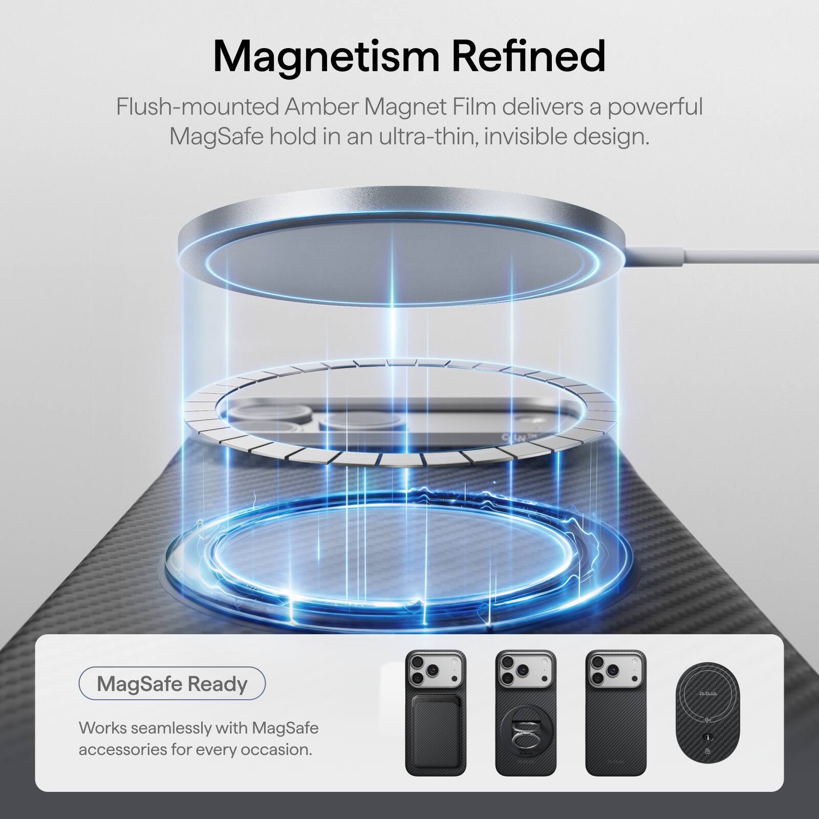 Magnetism Refined

Flush-mounted Amber Magnet Film delivers a powerful MagSafe hold in an ultra-thin, invisible design.

MagSafe Ready

Works seamlessly with MagSafe accessories for every occasion.