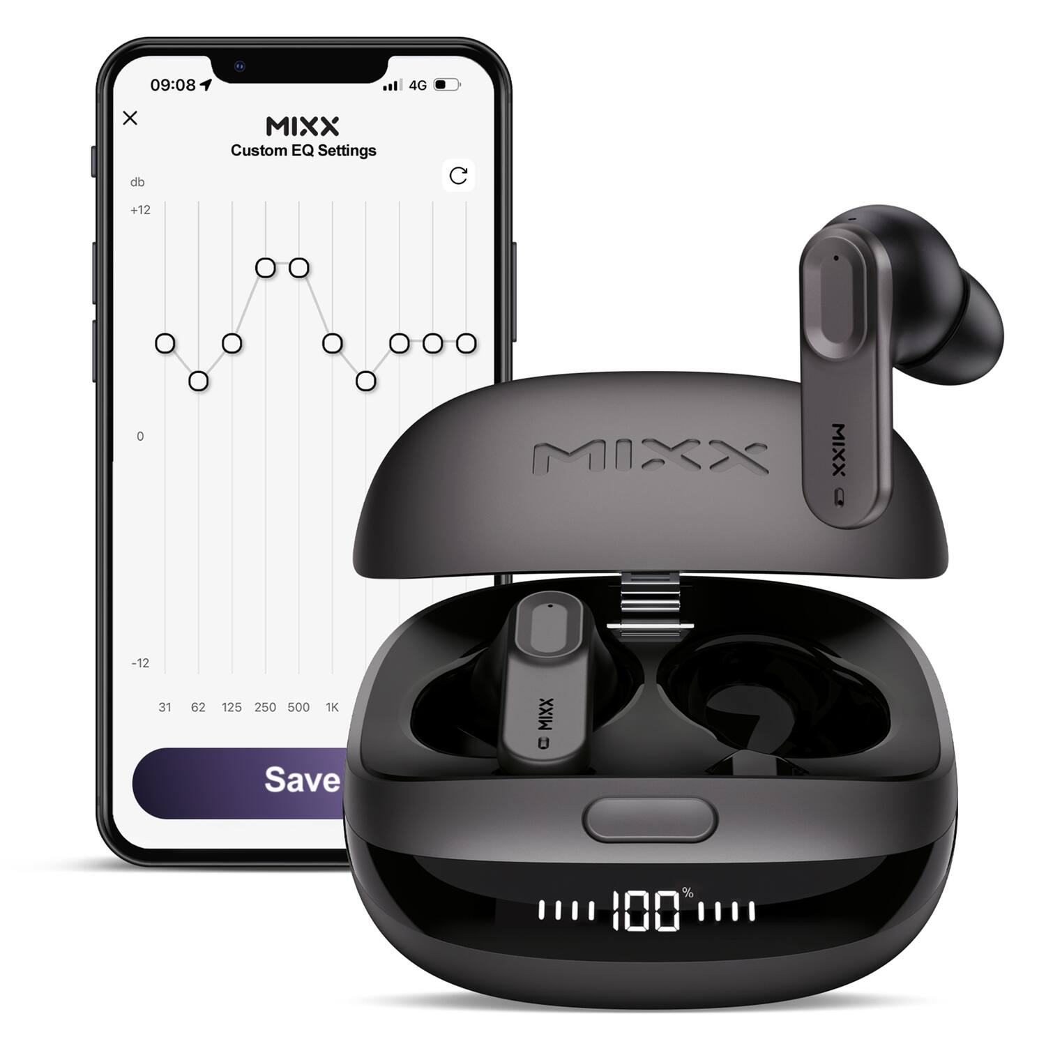 09:08 4G  
MIXX Custom EQ Settings  
C +12  
2 0  
MIXX  
Q -12  
31 62 125 250 500 1K  
Save  
MIXX  
U 100