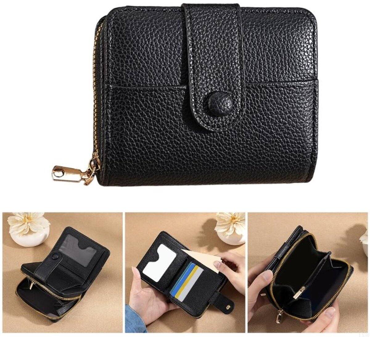 Front. Auledio - Women's Small Soft Leather Wallet, Small Wallet, Mini Wallet with Large Zipper Coin Pocket, Black, Compact (1 Pack) - Black.