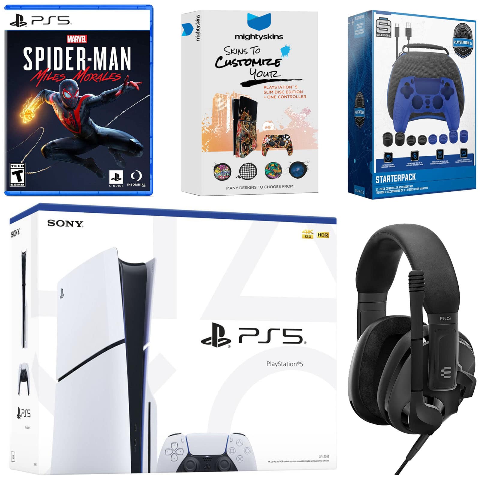 PlayStation 5 Slim Disc Bundle with Spider-Man: Miles Morales, EPOS Headset, Accessory Kit and MightySkins Code - PlayStation 5