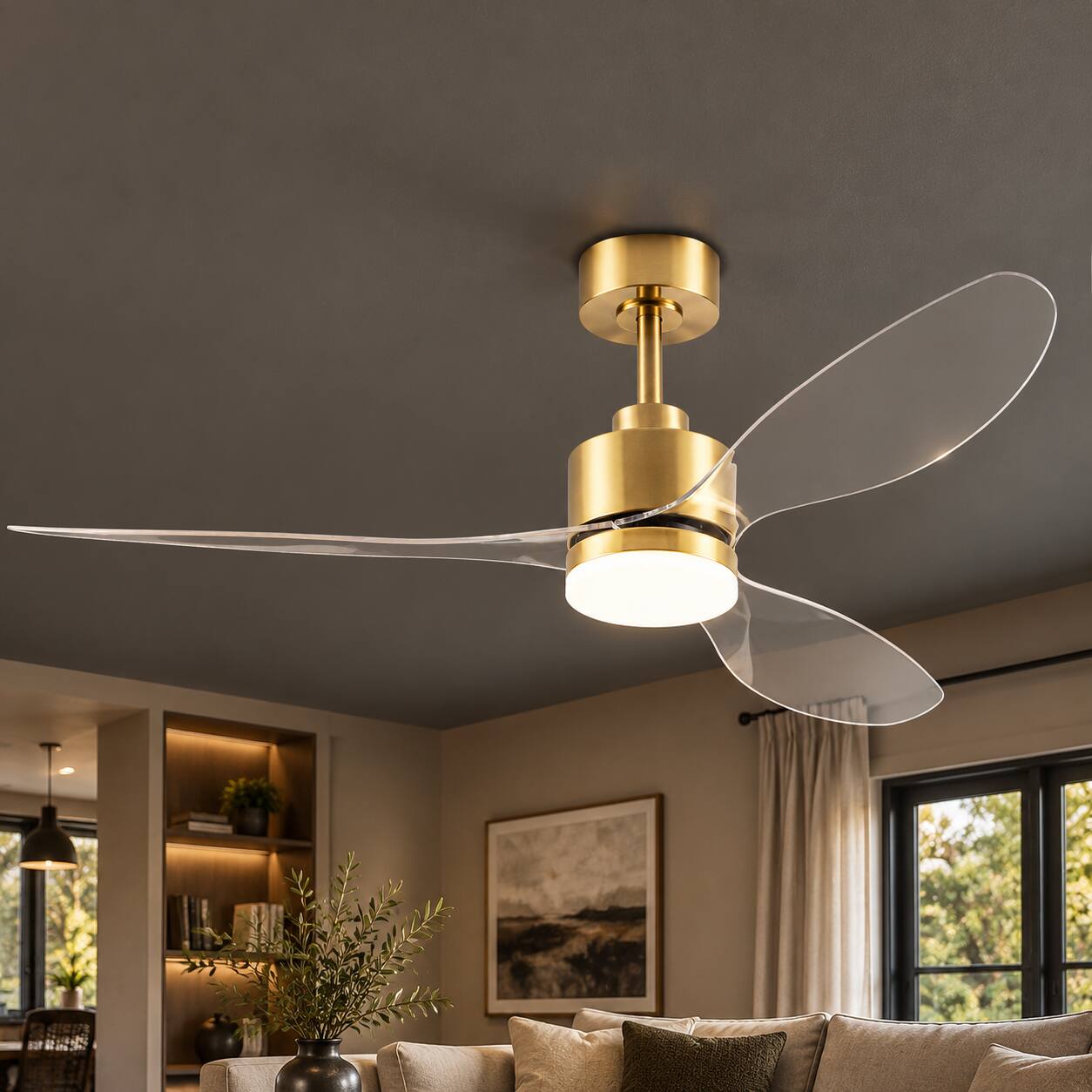 Front. Breezary - 52" Indoor Ceiling Fan, 3 ABS Blades, 6-Speed DC Motor, Remote Control, Memory/Timer, 3-Color LED Light, 5"/10" Downrods - Gold with Clear.