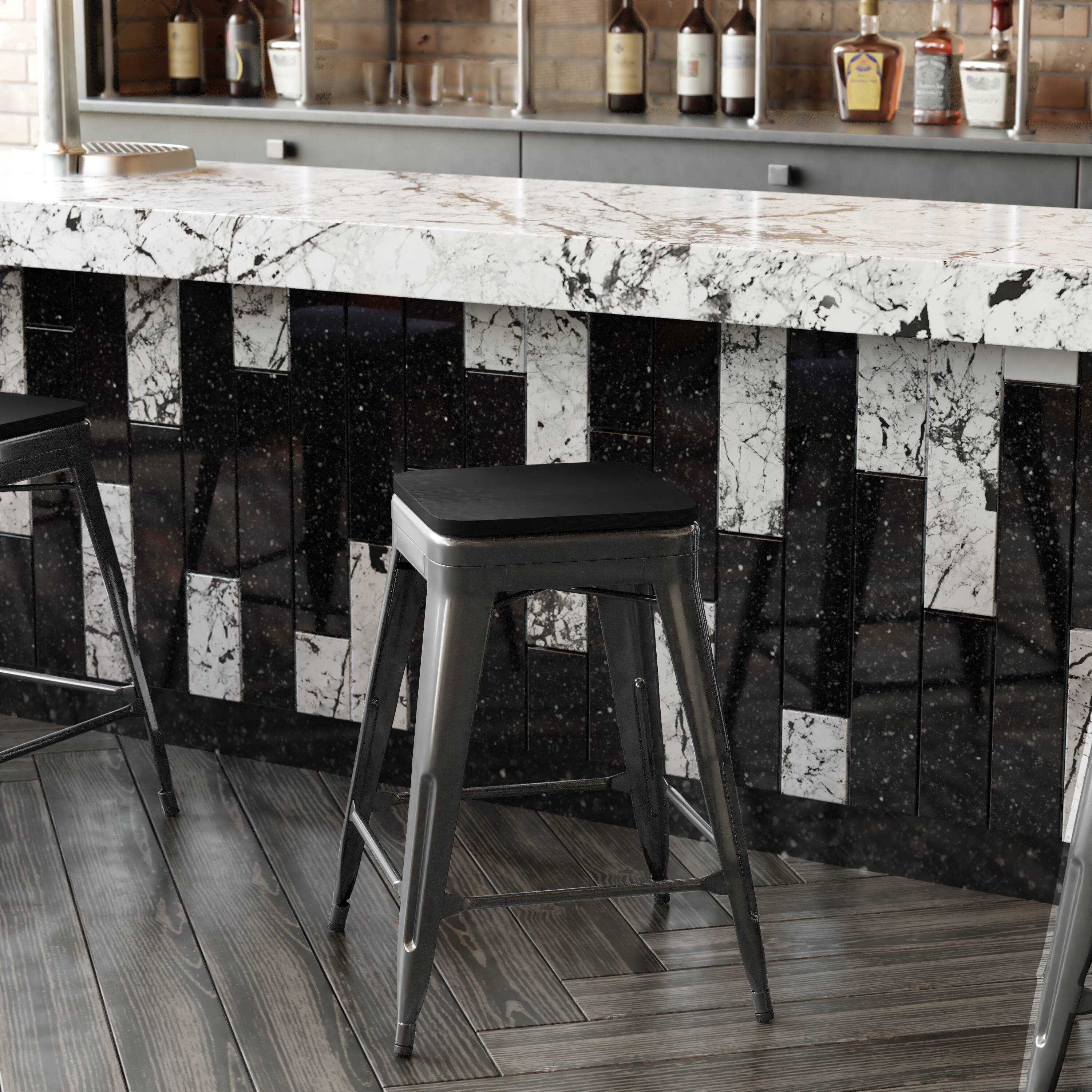 Alt View 4. Emma + Oliver - Kam Backless Metal Indoor-Outdoor Stool with All-Weather Polystyrene Seat - Black Seat/Black Frame.