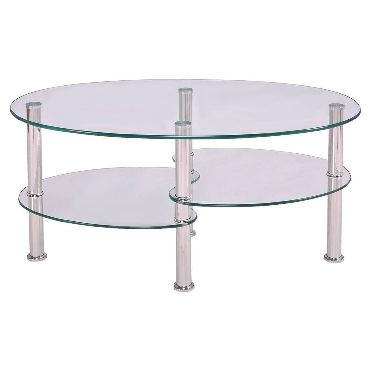 Left. Hivvago - Modern Oval Tempered Glass Coffee Table with Bottom Shelf - Transperant.