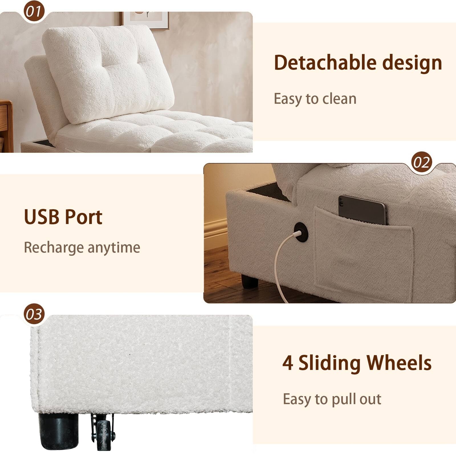 01 Detachable design  
Easy to clean  

02 USB Port  
Recharge anytime  

03 4 Sliding Wheels  
Easy to pull out