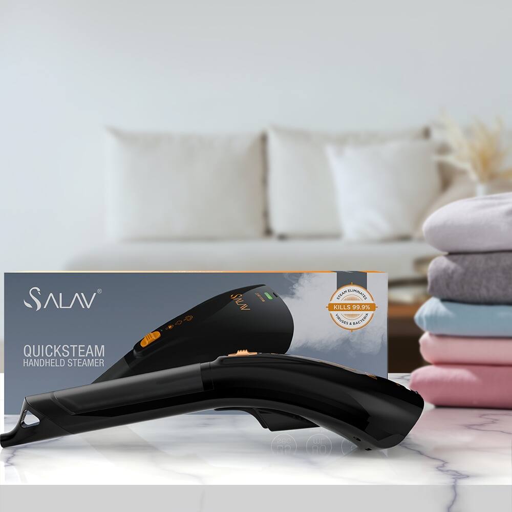 SALAV  
QUICKSTEAM  
HANDHELD STEAMER  

STEAM ELIMINATES  
KILLS 99.9%  
FITUSES A BACTERIE  

260 W