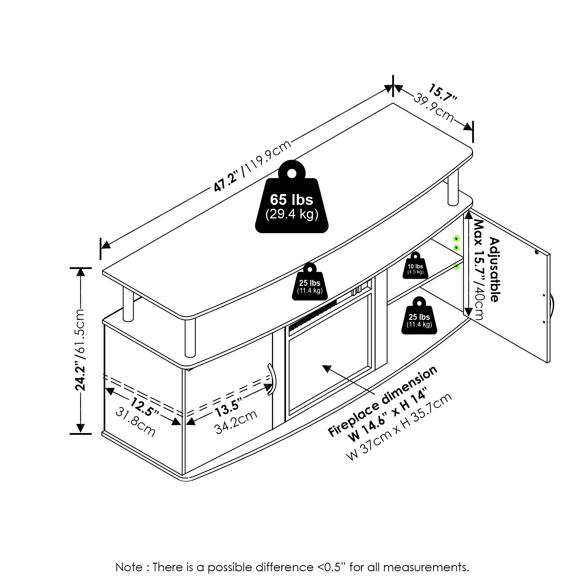 - 24.2" / 61.5 cm
- 12.5" / 31.8 cm
- 13.5" / 34.2 cm
- 15.7" / 39.9 cm
- 47.2" / 119.9 cm
- 14.6" x 14" / 37cm x 35.7cm (Fireplace dimension)
- 65 lbs (29.4 kg)
- 25 lbs (11.4 kg)
- 25 lbs (11.4 kg)
- 10 lbs (4.5 kg)
- Max 15.7" / 40 cm (Adjustable)
- Note: There is a possible difference <0.5" for all measurements.
