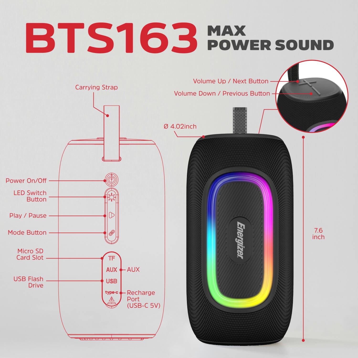 BTS163 MAX POWER SOUND

- Carrying Strap
- Volume Up / Next Button
- Volume Down / Previous Button
- Power On/Off LED Switch Button
- Play / Pause
- Mode Button
- Micro SD Card Slot
- USB Flash Drive
- TF AUX
- AUX
- USB type-c Recharge Port (USB-C 5V)
- Energizer

Dimensions:
- 4.02 inch
- 7.6 inch