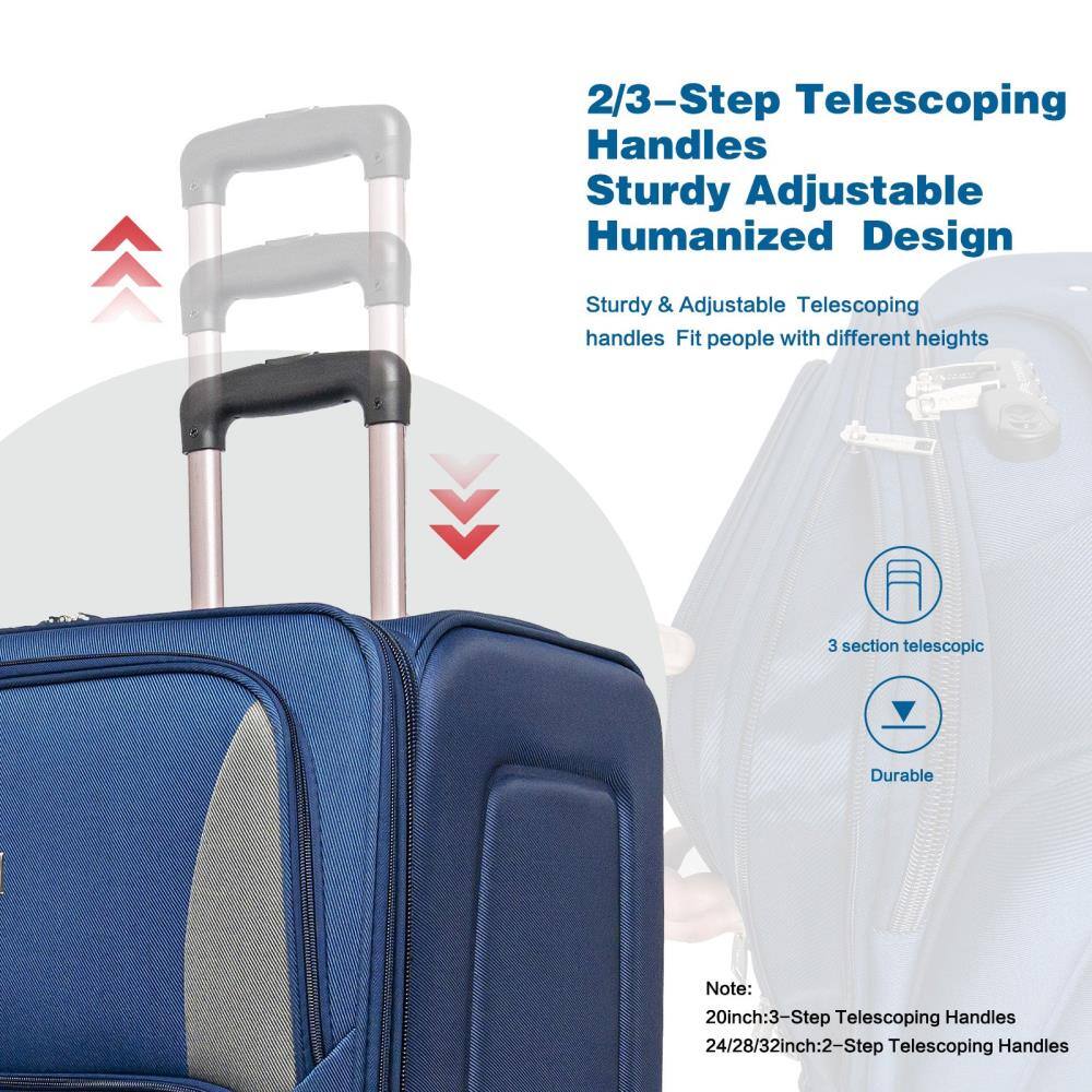 2/3-Step Telescoping Handles  
Sturdy Adjustable Humanized Design  

Sturdy & Adjustable Telescoping handles Fit people with different heights  

3 section telescopic  
Durable  

Note:  
20inch: 3-Step Telescoping Handles  
24/28/32inch: 2-Step Telescoping Handles