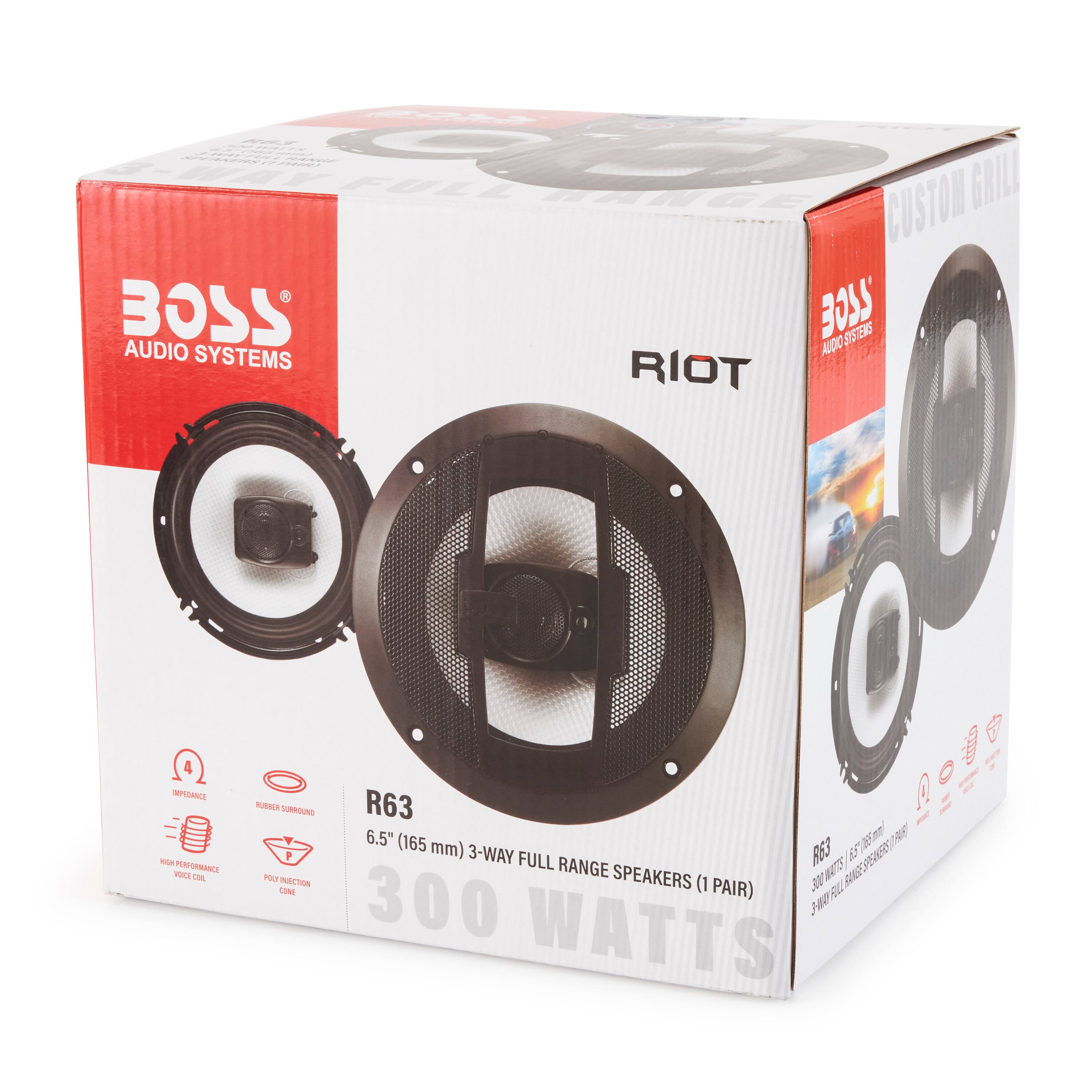 BOSS AUDIO SYSTEMS  
RIOT  
R63  
6.5" (165 mm) 3-WAY FULL RANGE SPEAKERS (1 PAIR)  
300 WATTS  

- 4 Ω IMPEDANCE  
- RUBBER SURROUND  
- HIGH PERFORMANCE VOICE COIL  
- POLY INJECTION CONE  

CUSTOM GRILLE