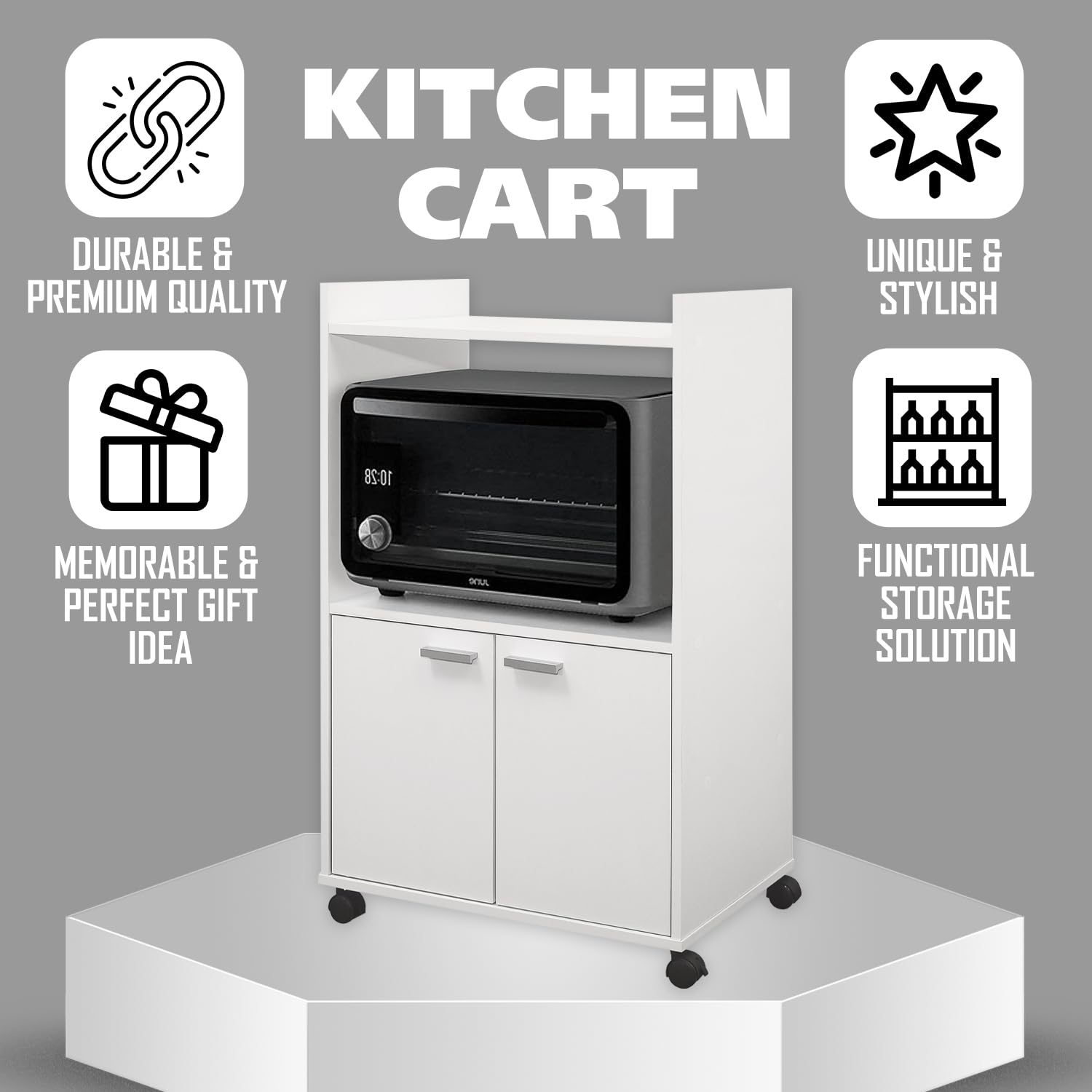 KITCHEN CART

- DURABLE & PREMIUM QUALITY
- UNIQUE & STYLISH
- MEMORABLE & PERFECT GIFT IDEA
- FUNCTIONAL STORAGE SOLUTION