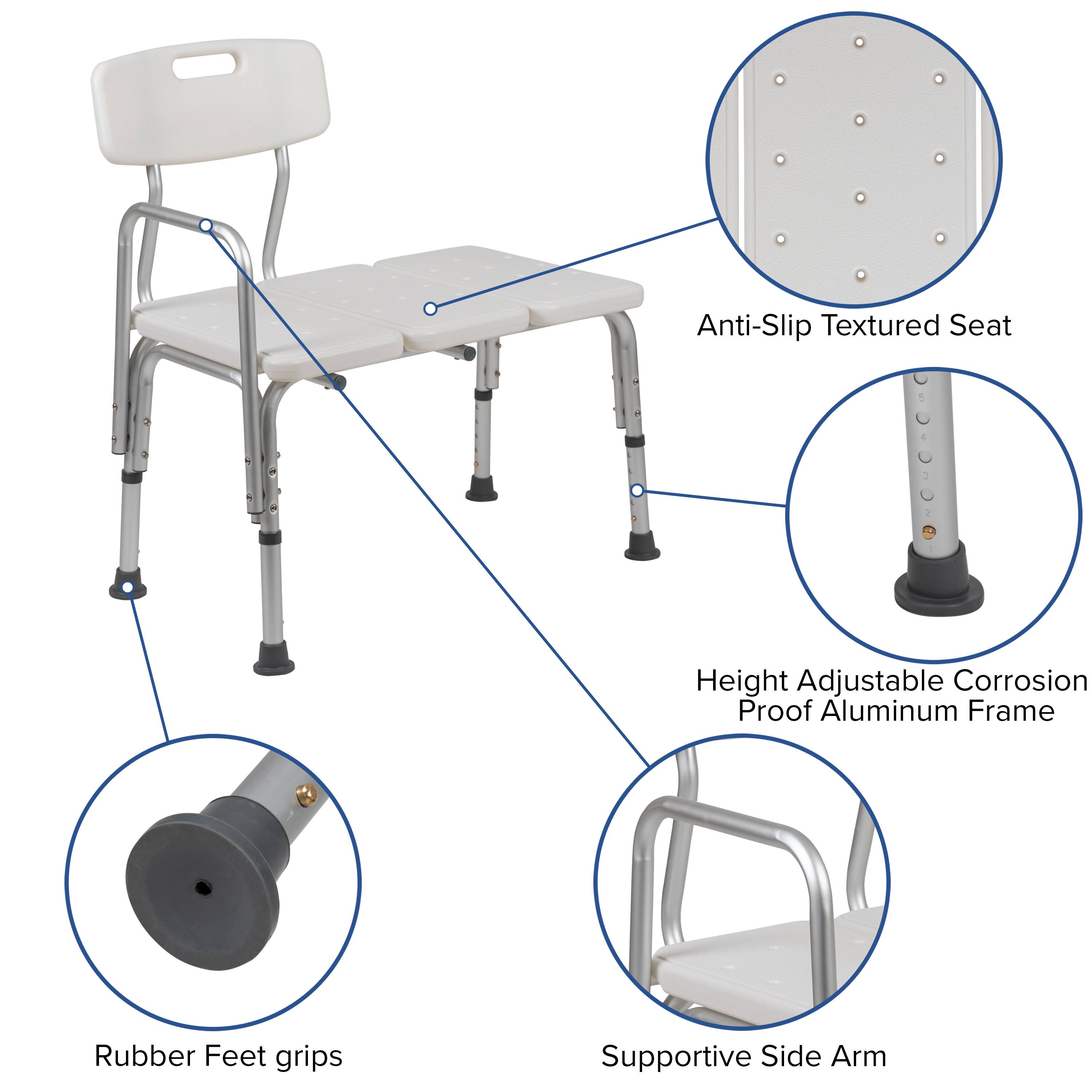 Anti-Slip Textured Seat  
Height Adjustable Corrosion Proof Aluminum Frame  
Rubber Feet grips  
Supportive Side Arm