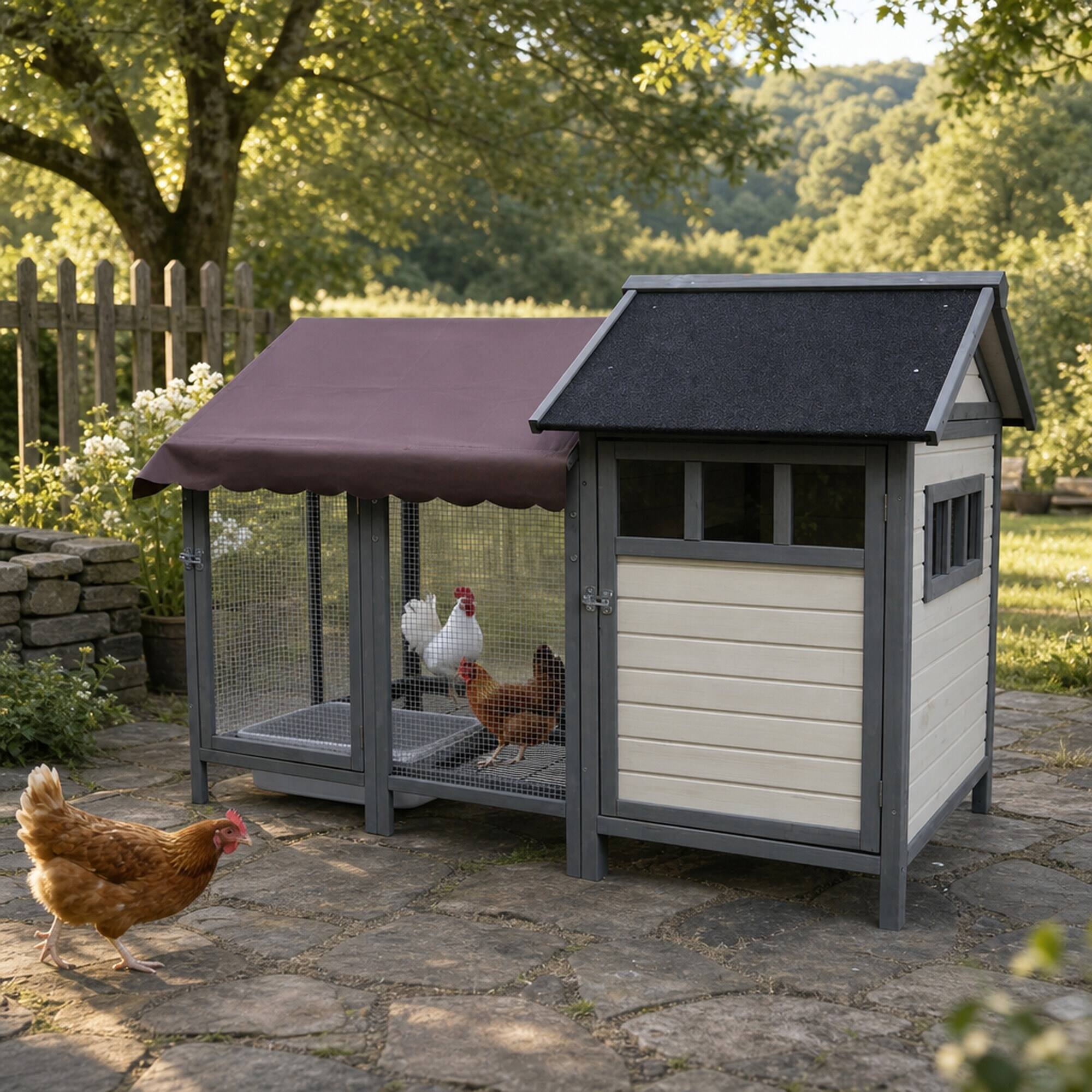 Angle. RYHNUYNE - Wooden Outdoor Chicken Coop, 67.3 in Long, Holds 6 to 8 Birds, Waterproof Felt Roof, Movable Run.