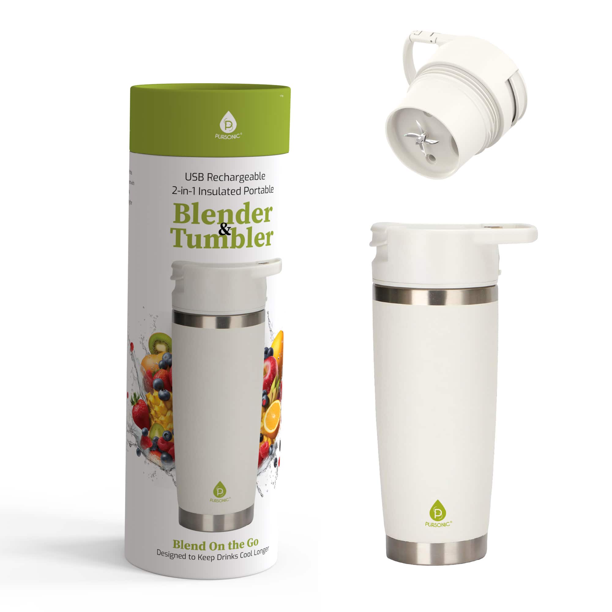 PURSONIC USB Rechargeable 2-in-1 Insulated Portable Blender & Tumbler

PURSONIC Blend On the Go
Designed to Keep Drinks Cool Longer