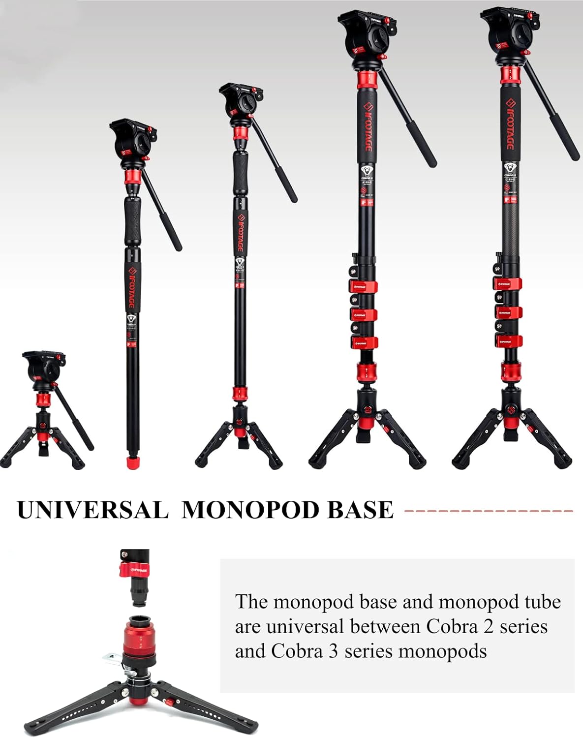 UNIVERSAL MONOPOD BASE

The monopod base and monopod tube are universal between Cobra 2 series and Cobra 3 series monopods