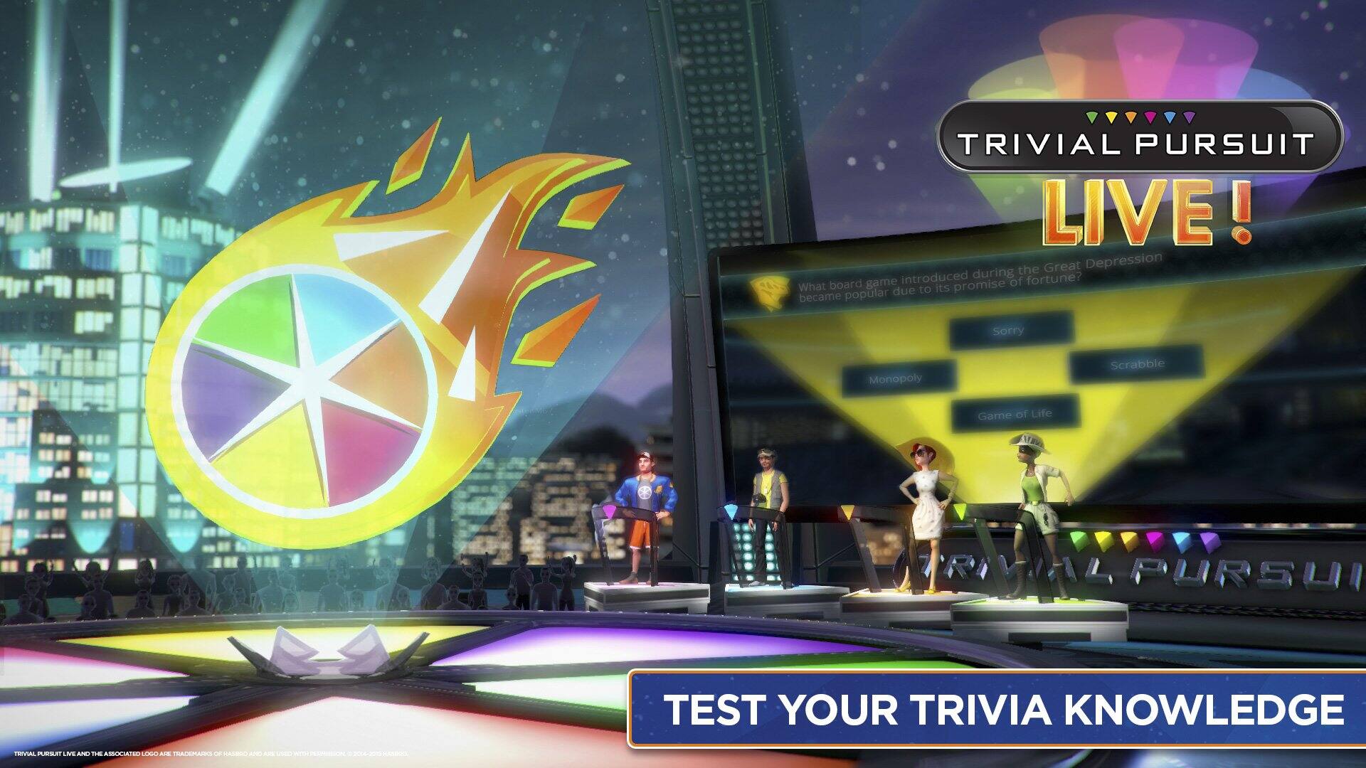 TRIVIAL PURSUIT LIVE!  
TEST YOUR TRIVIA KNOWLEDGE  

What board game, introduced during the Great Depression, became popular due to its promise of due to its promise of financial success?  
Options:  
- Sorry  
- Monopoly  
- Scrabble  
- Game of Life