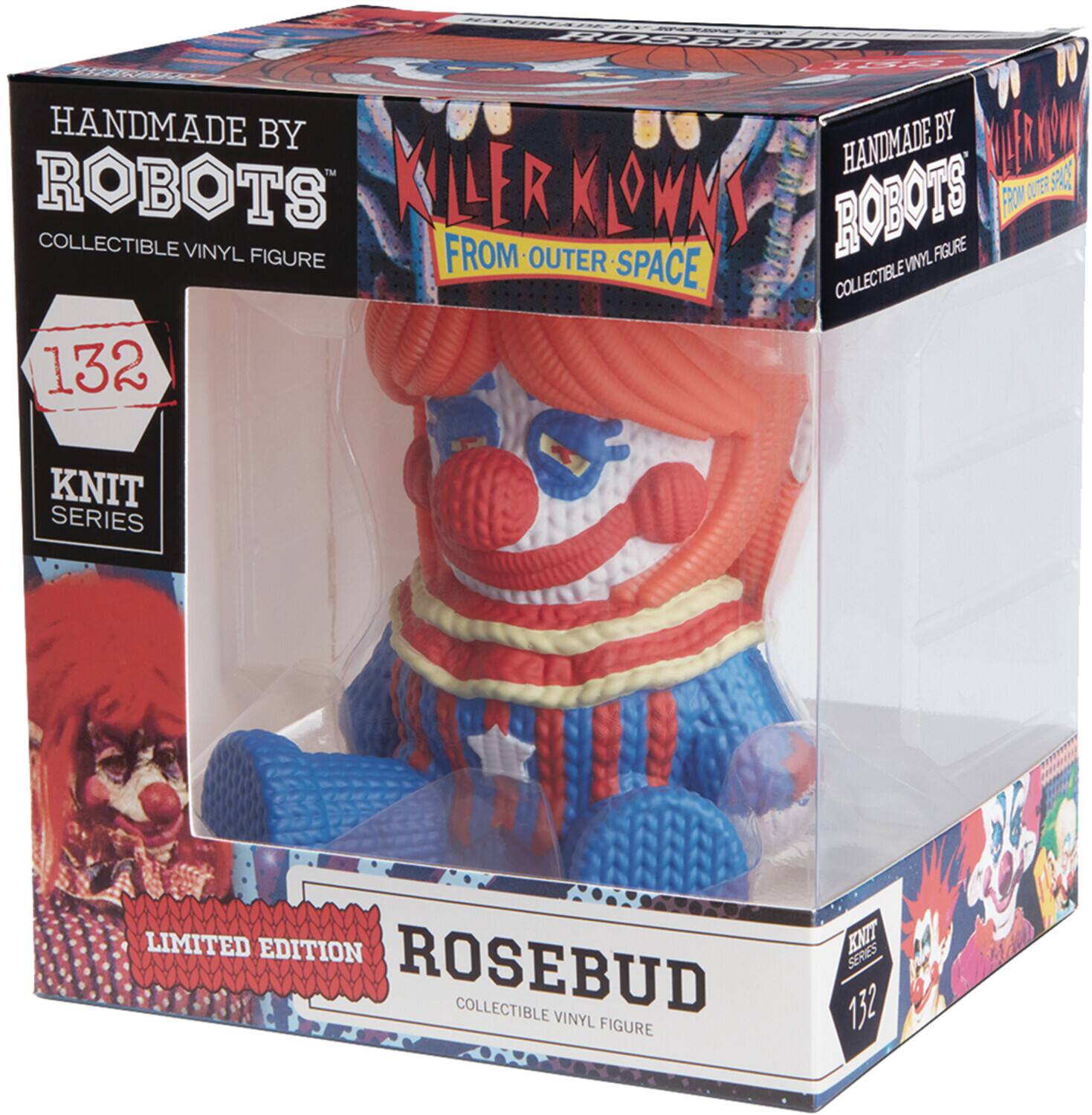 The text on the image can be grouped and corrected as follows:

"Handmade by Robots Killer Klowns from Outer Space Collectible Vinyl Figure. Rosebud, Knit Series 132, Limited Edition."

This text describes a collectible vinyl figure from the "Killer Klowns from Outer Space" series, specifically the "Rosebud" figure, which is part of the Knit Series 132 and is a limited edition item.