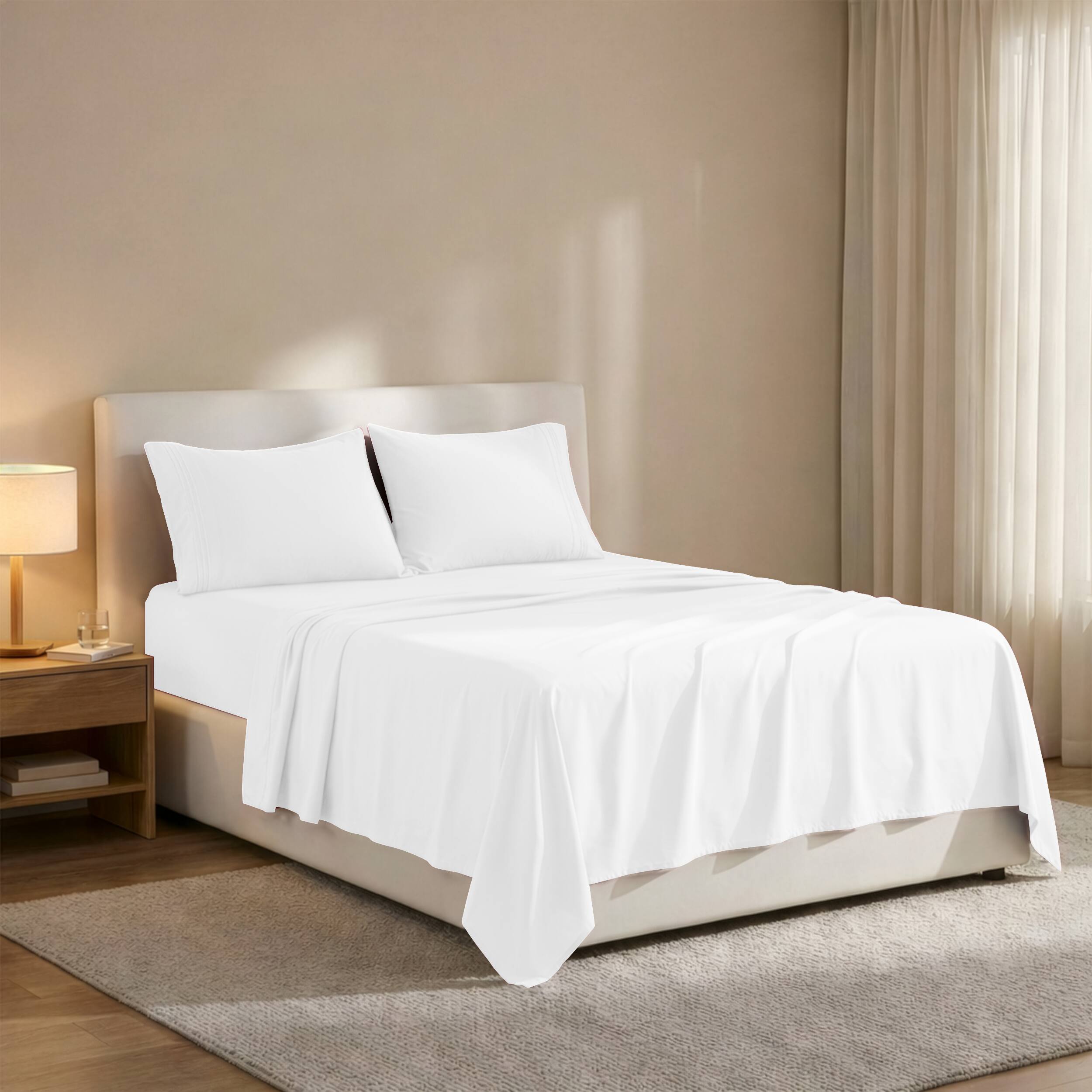 Angle. Lux Decor Collection - 4-Piece Queen Bed Sheet Set, Ultra Soft Microfiber, Deep Pocket, Wrinkle-Resistant, Hypoallergenic, All-Season Comfort - White.
