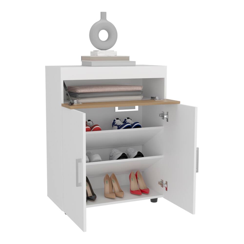 Alt View 2. Loheer - Loheer Freestanding Footwear Storage Cabinet Double Doors - White and Natural Oak.