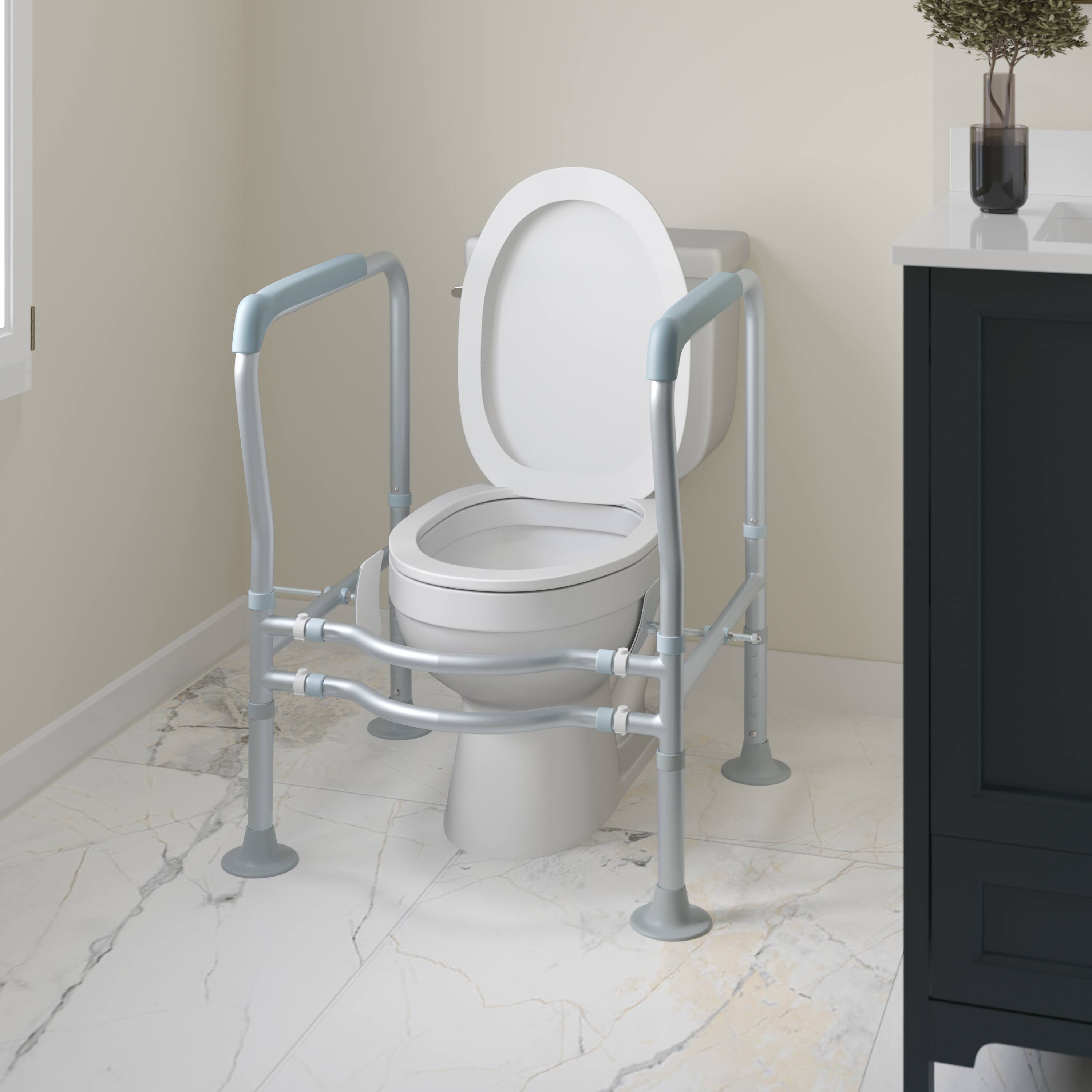 Alt View 4. Emma + Oliver - Ramsey Toilet Safety Rail for the Elderly with Height Adjustable Steel Frame, Padded Handles and Suction Cup Feet - Silver/Gray.