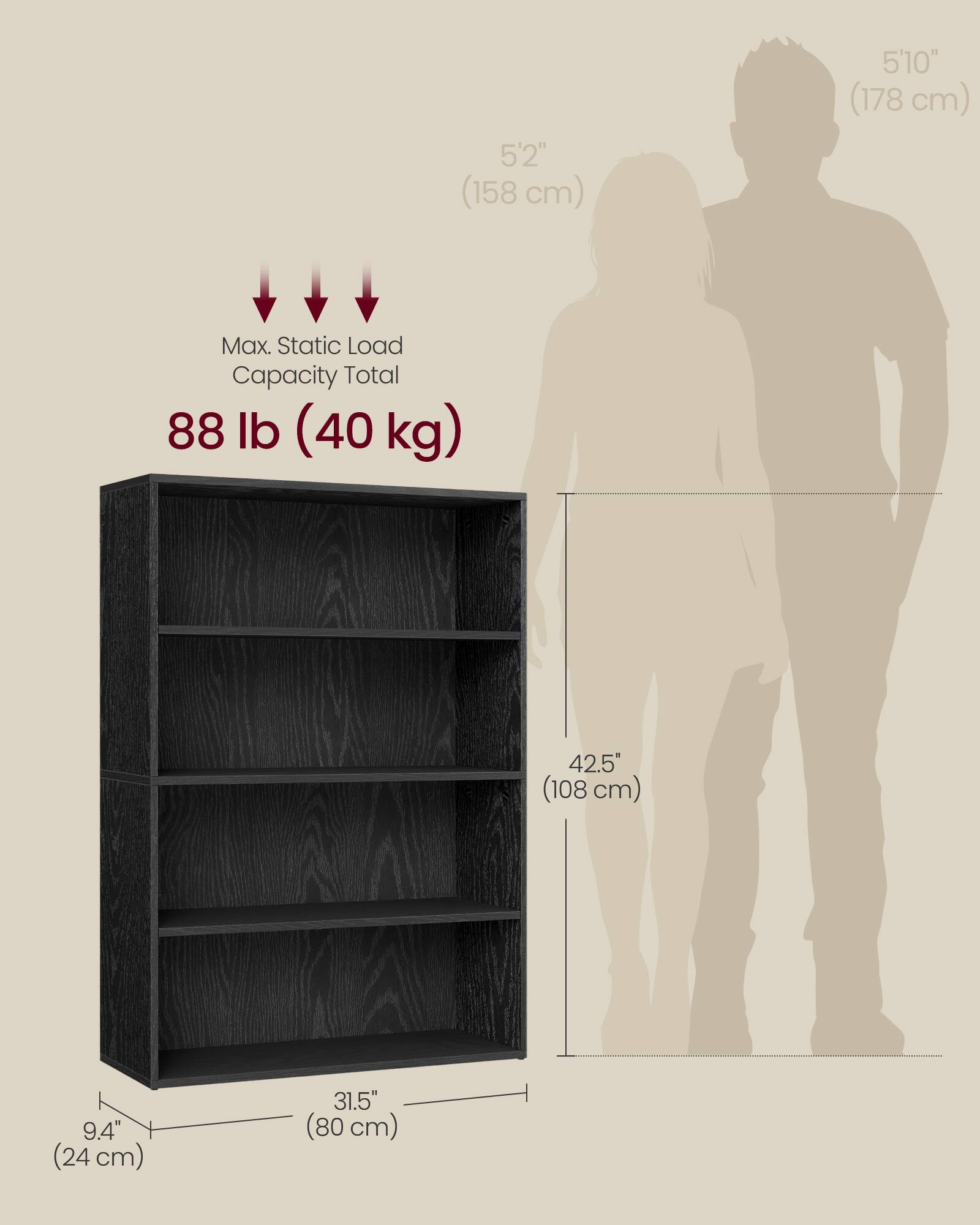 5'2" (158 cm)  
5'10" (178 cm)  

Max. Static Load Capacity Total: 88 lb (40 kg)  

42.5" (108 cm)  
9.4" (24 cm)  
31.5" (80 cm)