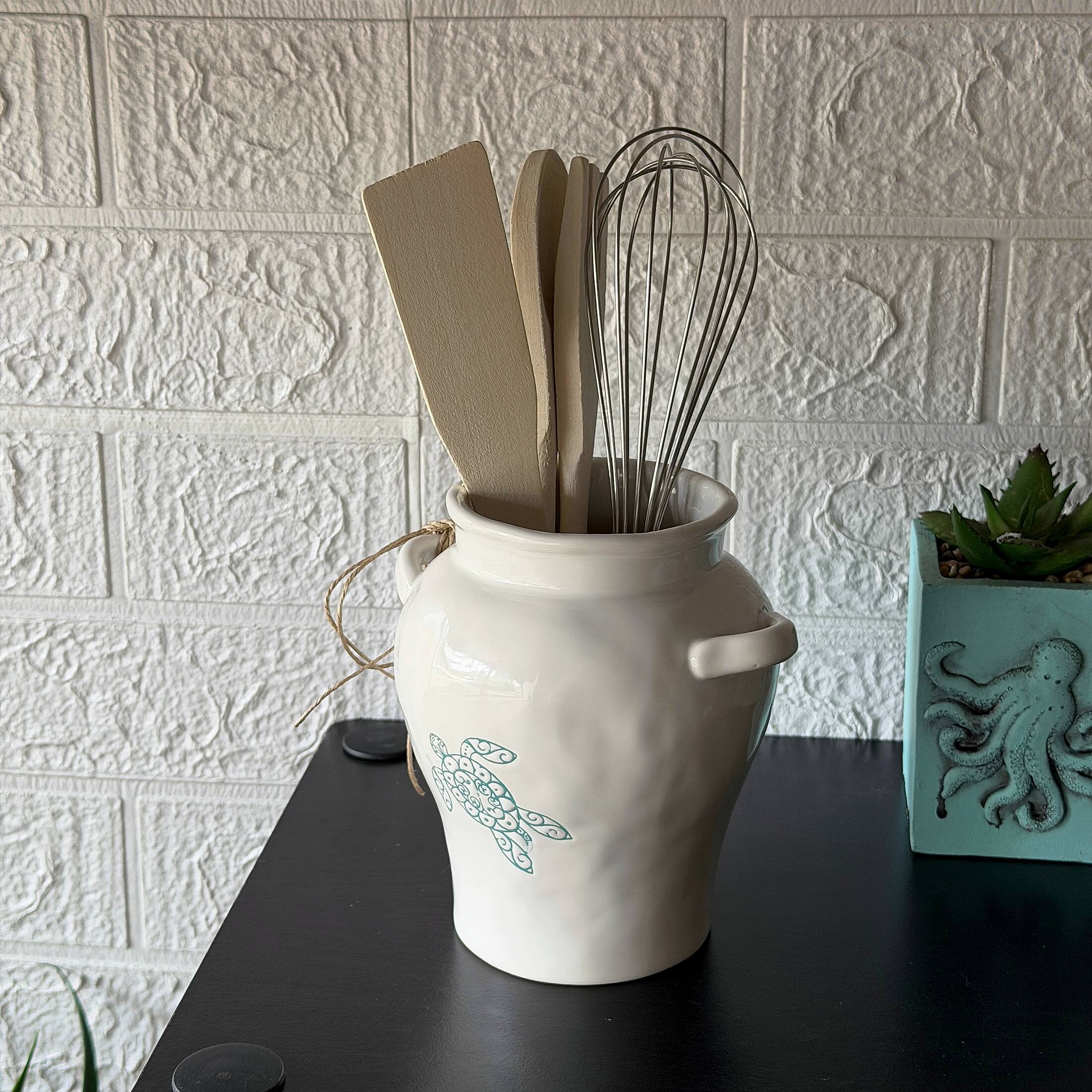 Alt View 3. Fancy That - Sea Turtle Ceramic Kitchen Utensil Holder White Glossy 10.5 Inch Tall - White.