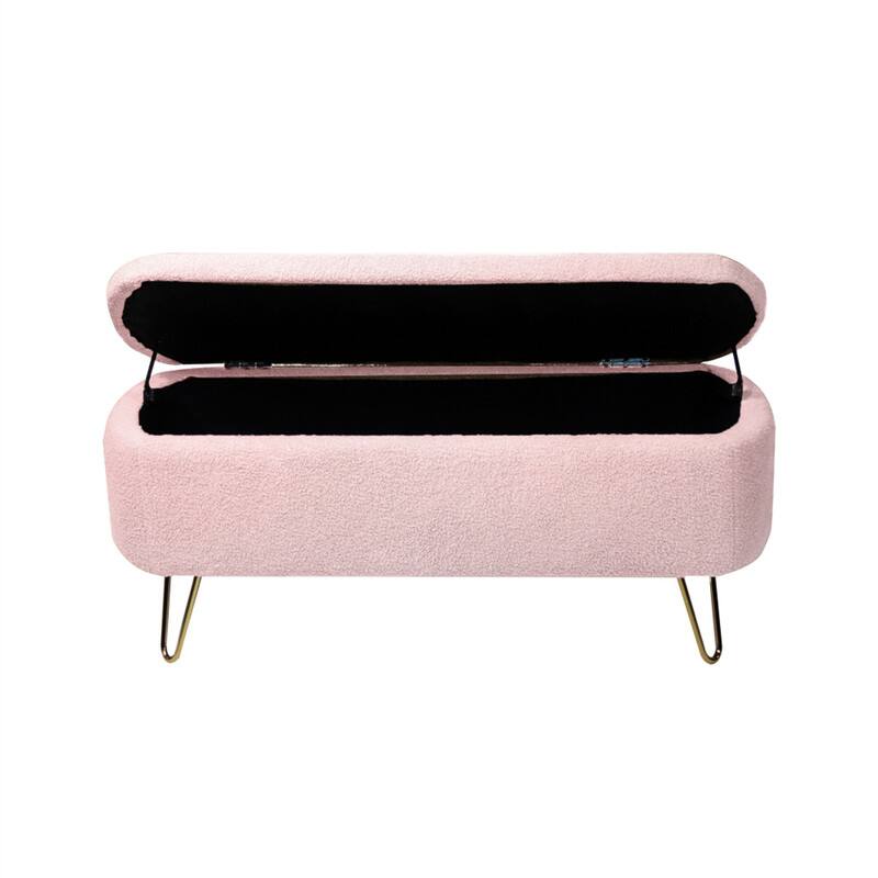 Angle. HTUTWOO - Storage Ottoman Bench for Bedroom - Faux Fur Upholstered Bench with Gold Legs,Padded Storage Bench for Living Room - Pink.