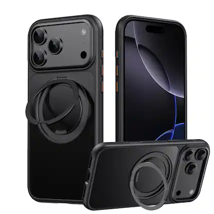 Front. SKRAN - Case for iPhone 17 - 360° Magnetic Bracket Phone Case, Full Coverage, Camera Button Protection, Air Design - Black.