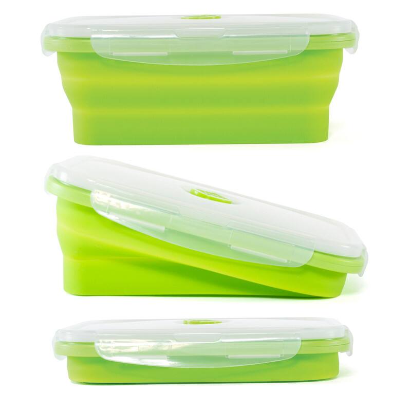 Left. Kitchen + Home - Thin Bins Collapsible Containers - Set of 4 Round Silicone Food Storage Containers - red, yellow, green, blue.