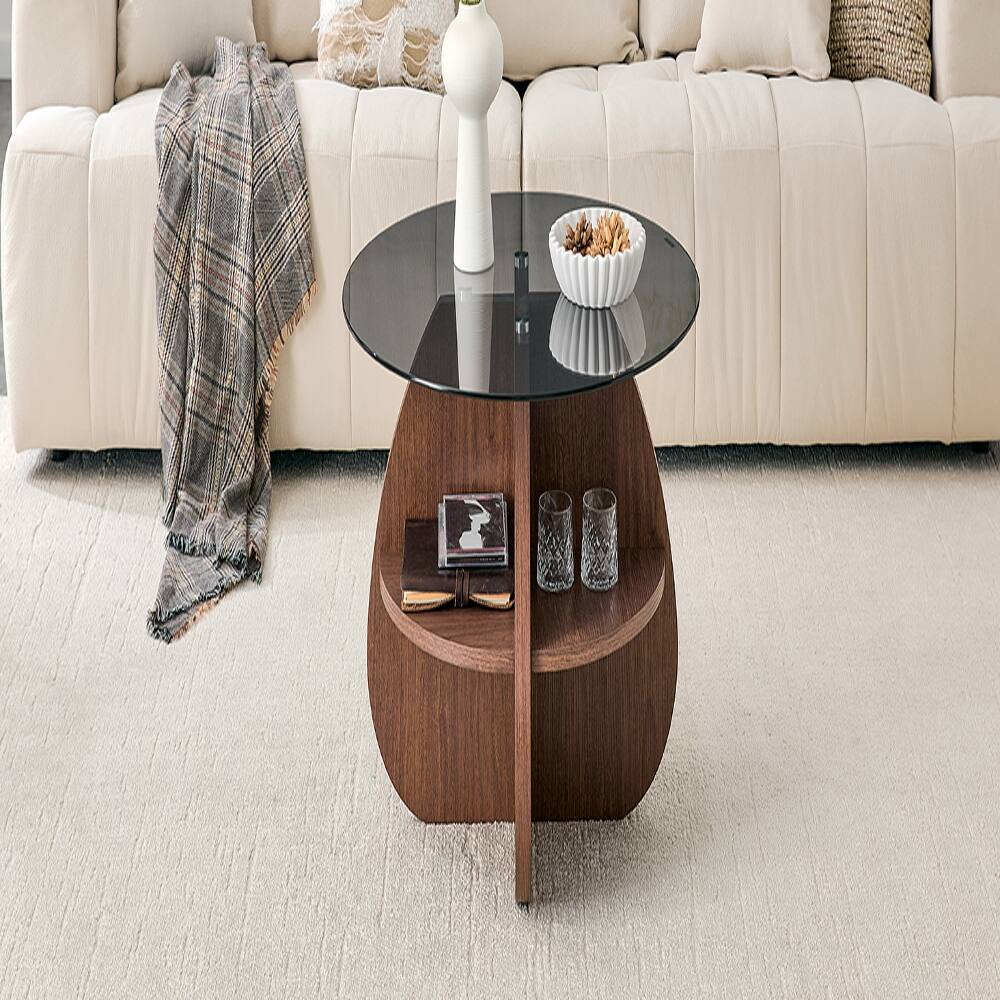 Alt View 7. Loheer - Loheer Round Coffee Table with Storage Gray Glass Top Walnut Base - Gray.