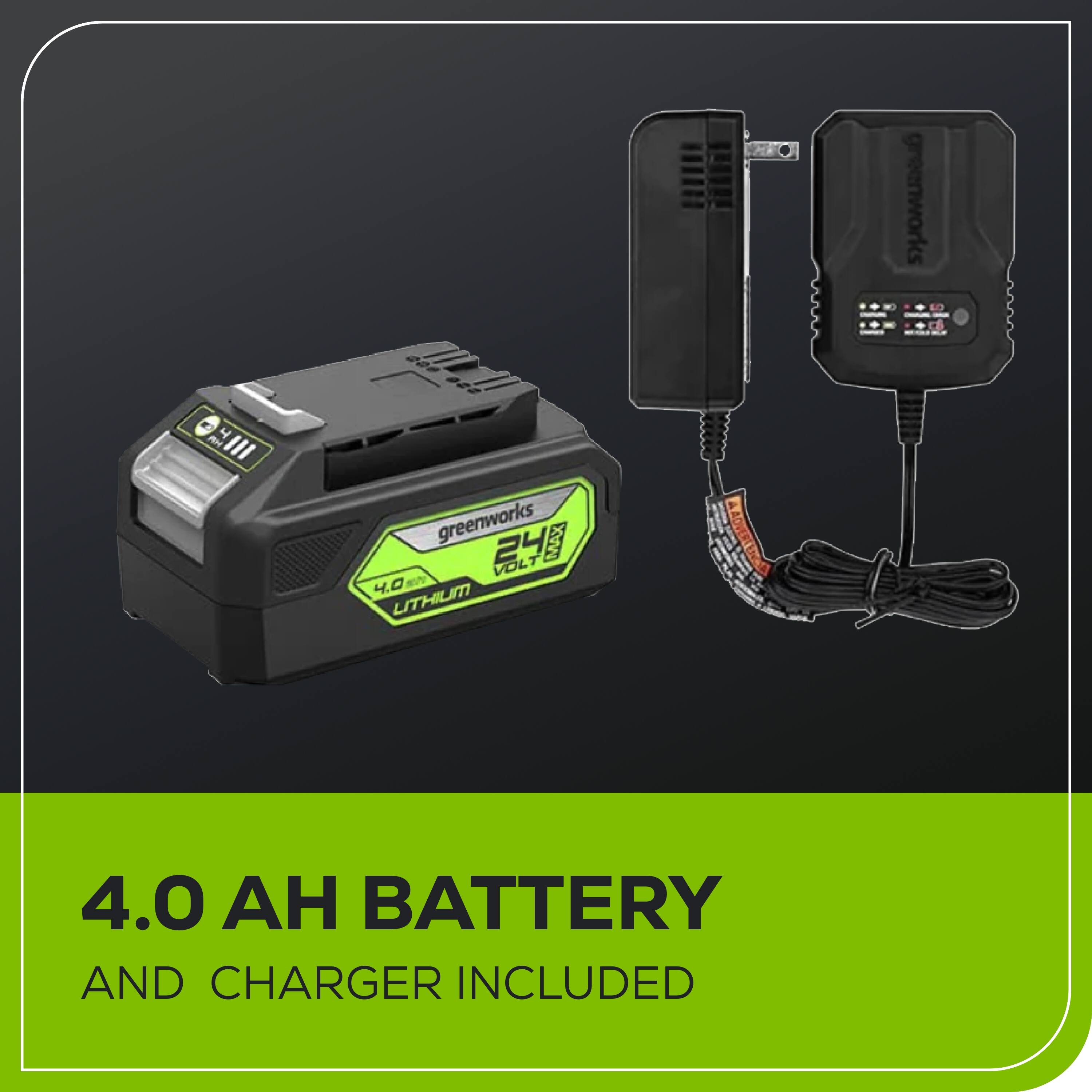 greenworks "III greenworks 24 KWW VOL 4.0 . W LITHIUM MOLI 4.0 BATTERY AND CHARGER INCLUDED