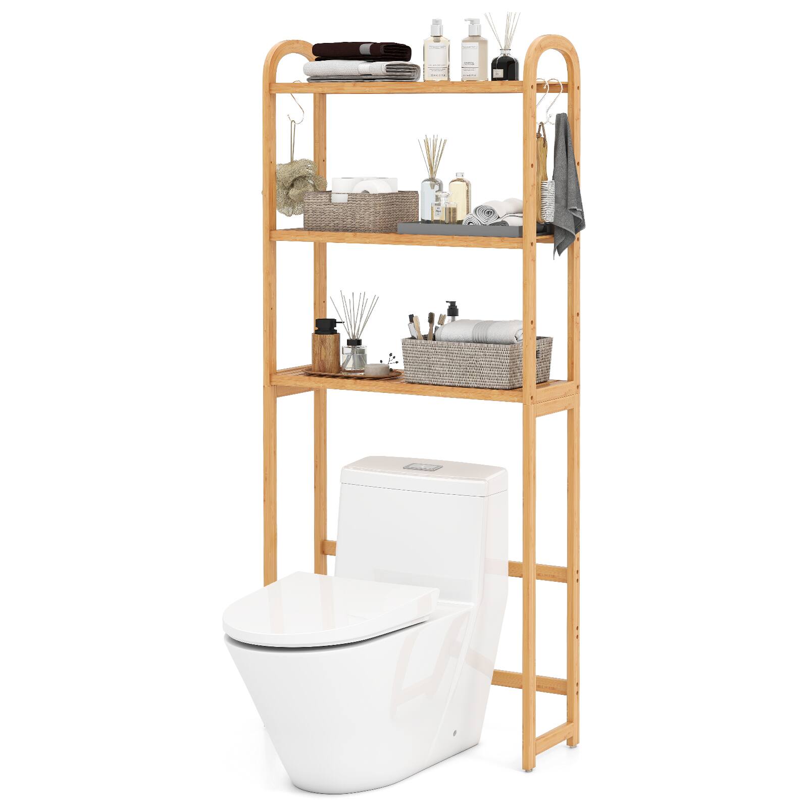 Front. Gymax - Gymax Bamboo over the Toilet Storage Shelf w/3-tier Open Shelf Adjustable Shelves - Yellow.
