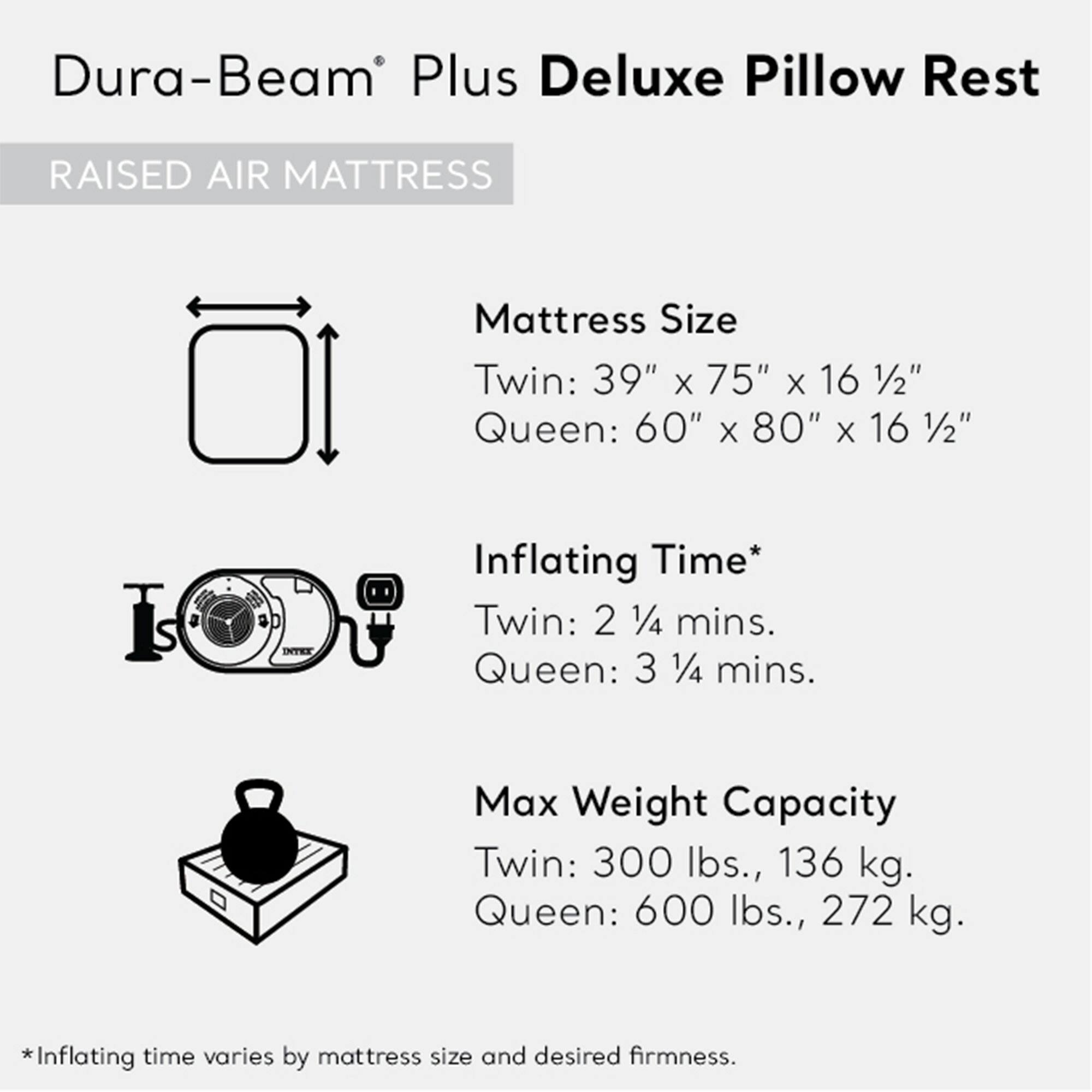 Dura-Beam® Plus Deluxe Pillow Rest  
RAISED AIR MATTRESS  

**Mattress Size**  
Twin: 39" x 75" x 16 1/2"  
Queen: 60" x 80" x 16 1/2"  

**Inflating Time***  
Twin: 2 1/4 mins.  
Queen: 3 1/4 mins.  

**Max Weight Capacity**  
Twin: 300 lbs., 136 kg.  
Queen: 600 lbs., 272 kg.  

*Inflating time varies by mattress size and desired firmness.