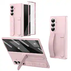 Front. Dteck - Matte Case for Samsung Galaxy Z Fold7 with Wristband Stand, Bulit-in Front Screen Protector, Shockproof Full Body Cover - Pink.