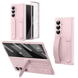Dteck - Matte Case for Samsung Galaxy Z Fold7 with Wristband Stand, Bulit-in Front Screen Protector, Shockproof Full Body Cover - Pink