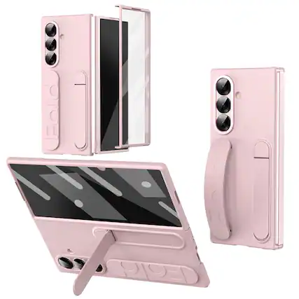 Front. Dteck - Matte Case for Samsung Galaxy Z Fold7 with Wristband Stand, Bulit-in Front Screen Protector, Shockproof Full Body Cover - Pink.