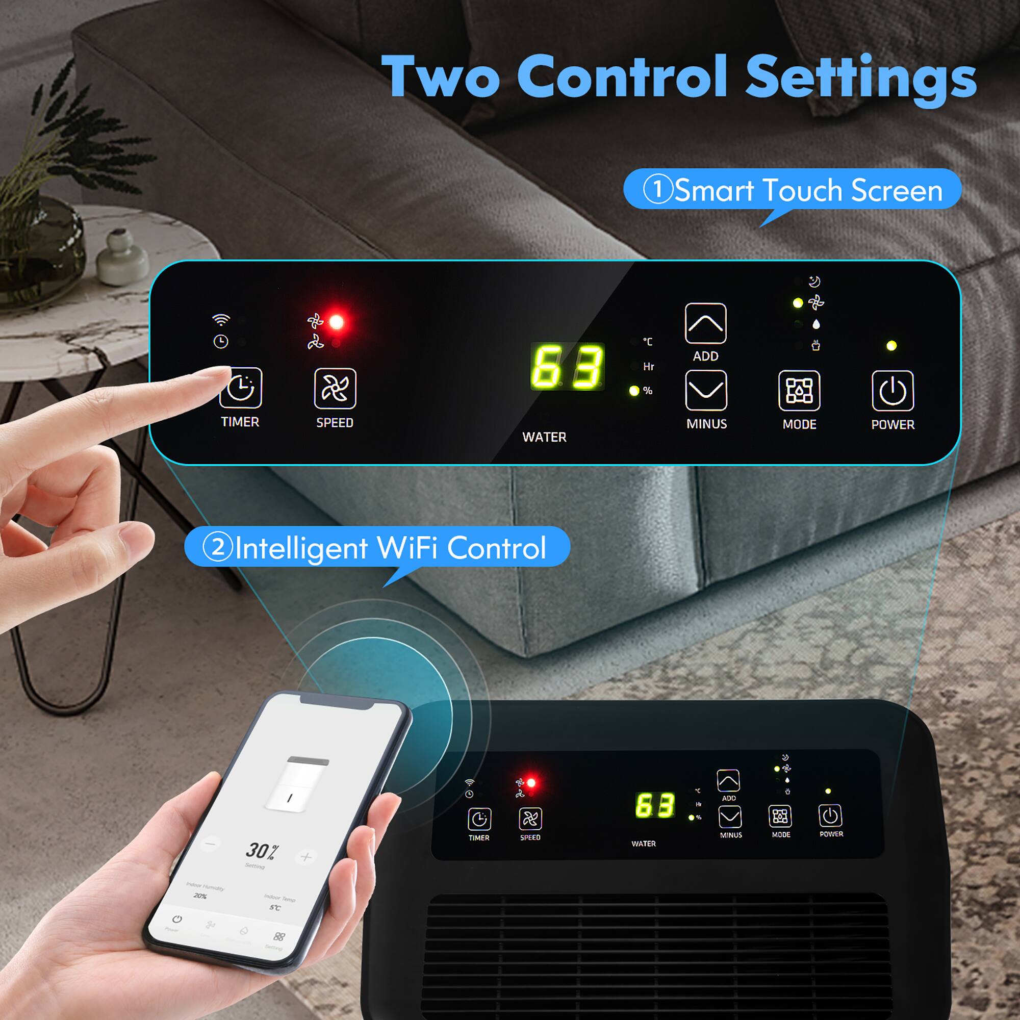 Two Control Settings:
1. Smart Touch Screen: Timer, Speed, Water, Add/Minus, Mode, Power
2. Intelligent WiFi Control: 30z - Times A, B, C, D, E, F, G, H, I, J, K, L, M, N, O, P, Q, R, S, T, U, V, W, X, Y, Z