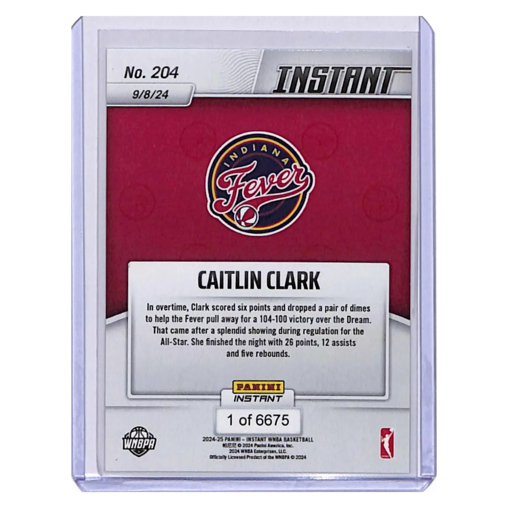 No. 204  
9/8/24  

INDIANA Fever  
CAITLIN CLARK  

In overtime, Clark scored six points and dropped a pair of dimes to help the Fever pull away for a 104-100 victory over the Dream. That came after a splendid showing during regulation for the All-Star. She finished the night with 26 points, 12 assists and five rebounds.  

PAKINI  
INSTANT 1 of 6675  
WNBPA 2024-25 PANINI INSTANT WNBA BASKETBALL  
© 2024 Pasta Emerica - 2024 WHEA Enterprises, LLC  
Officially Licensed Product of the WNBA © 2024