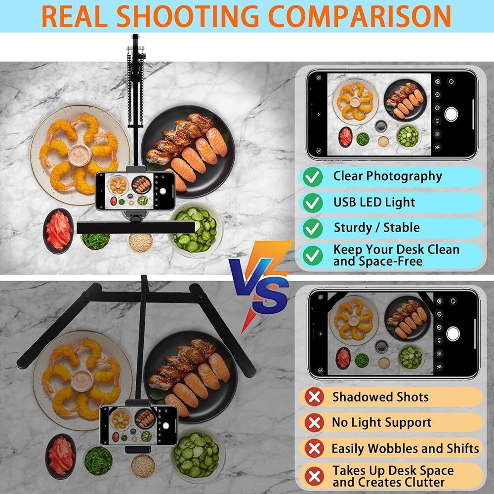 REAL SHOOTING COMPARISON

VS

Clear Photography  
USB LED Light  
Sturdy / Stable  
Keep Your Desk Clean and Space-Free

Shadowed Shots  
No Light Support  
Easily Wobbles and Shifts  
Takes Up Desk Space and Creates Clutter
