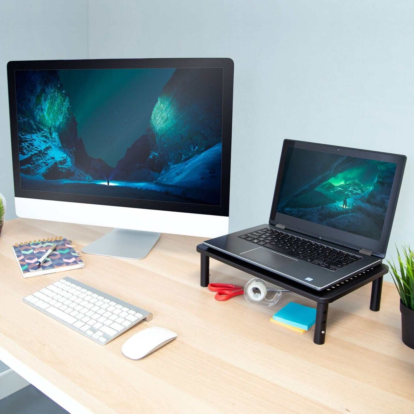Left. Mount-It! - Adjustable Monitor & Laptop Riser Stand, 3 Height Levels, Metal Desktop Stand, Holds Up to 44 lbs - Black.