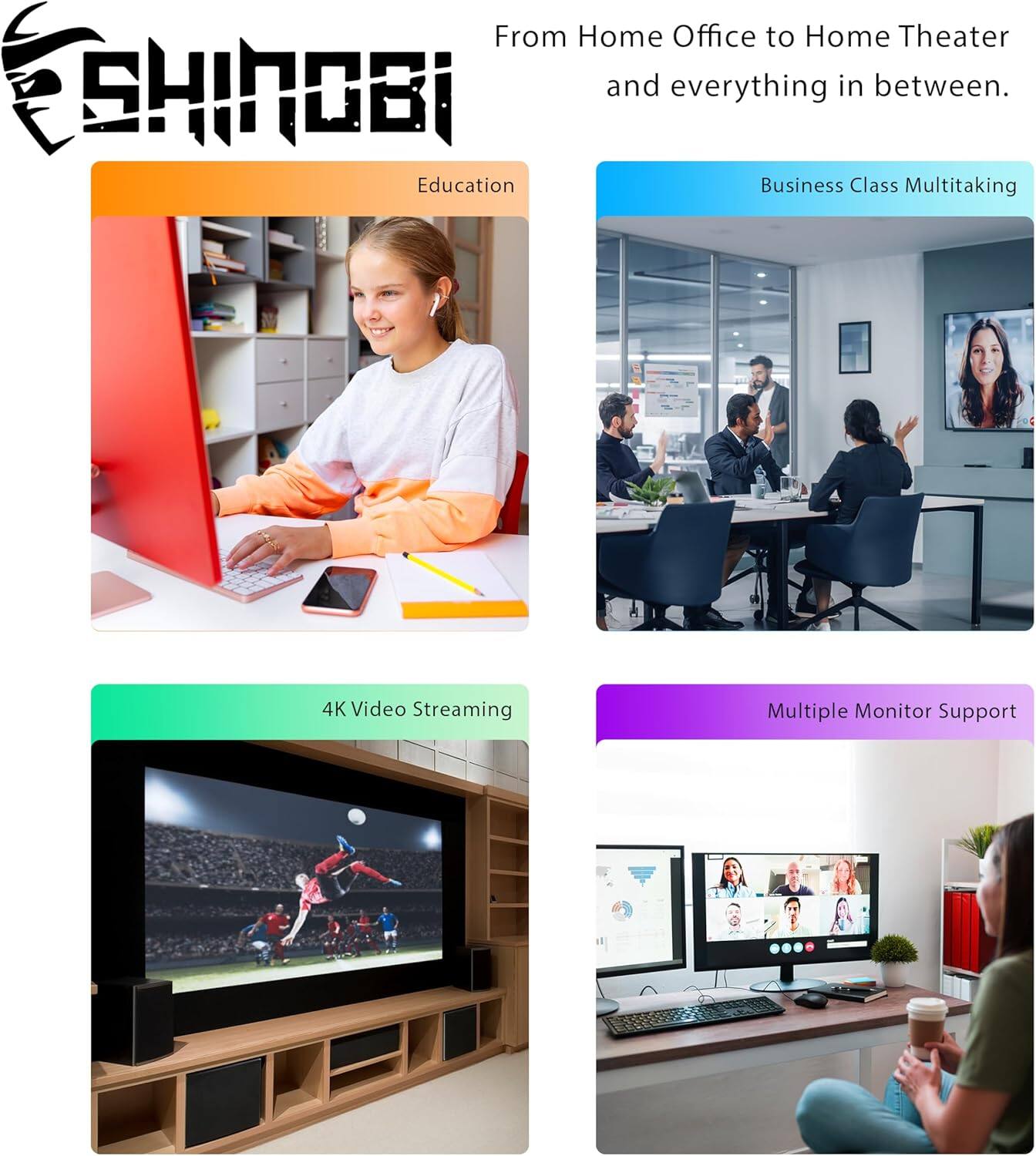 From Home Office to Home Theater and everything in between.

- Education
- Business Class Multitasking
- 4K Video Streaming
- Multiple Monitor Support