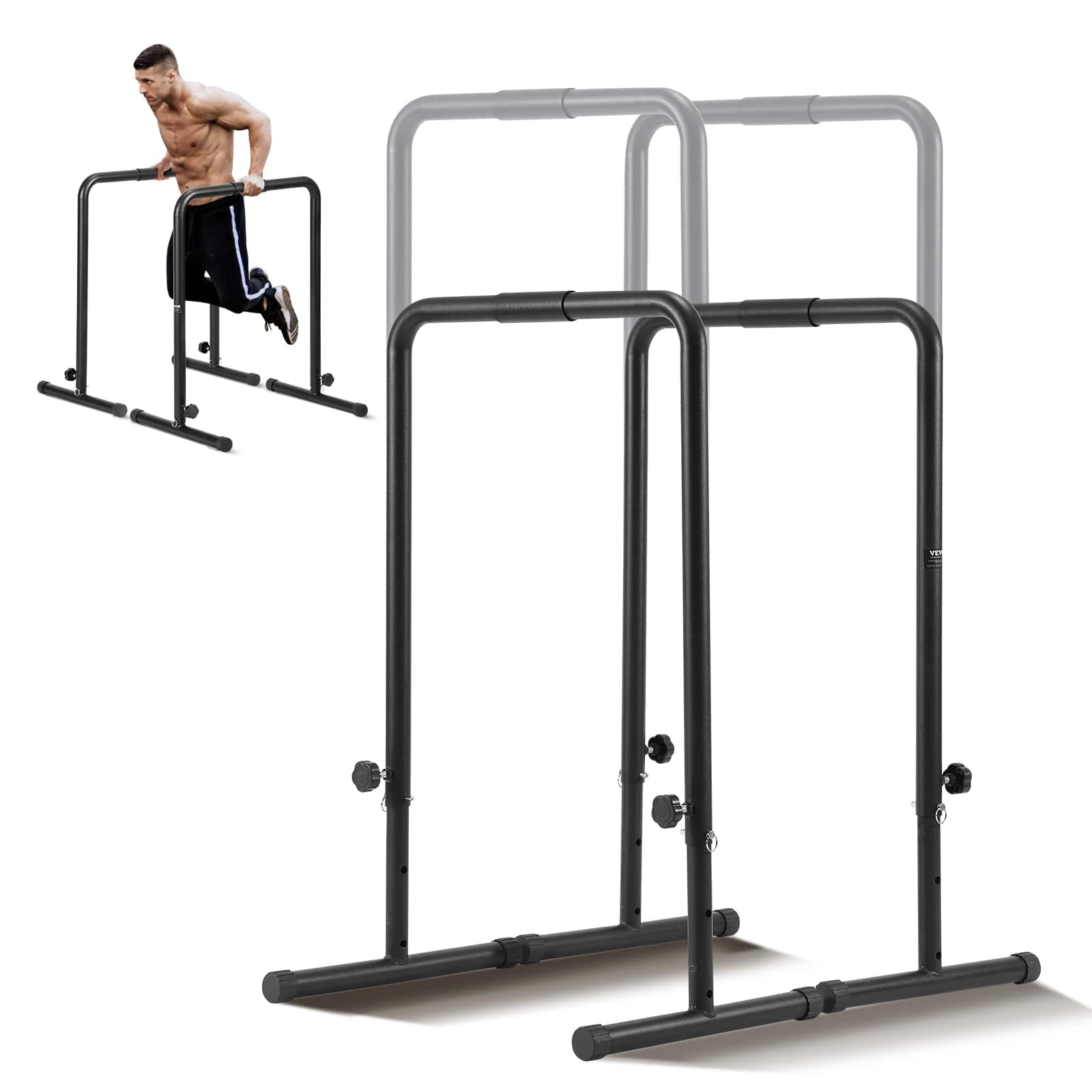 VEVOR - Dip Bars, 440 lbs Capacity, Heave Duty Dip Stand Station with Adjustable Height, Fitness Workout Dip Bar Station - Black
