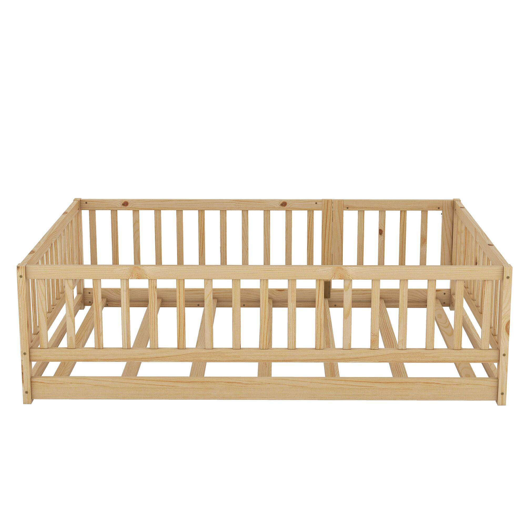 Alt View 4. Tiramisubest - Full Size Floor Bed with Slats, Floor Bed with Fence and Door, Kids Bed Full Size, Wood Floor Bed for Kids, Girls, Boys - Natural.