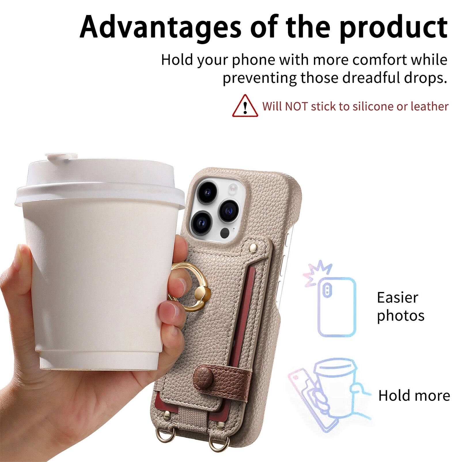Advantages of the product

- Hold your phone with more comfort while preventing those dreadful drops.
- Will NOT stick to silicone or leather
- Easier photos
- Hold more