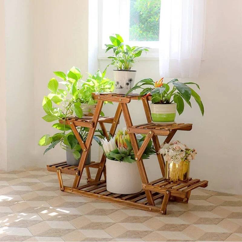 Angle. SlickBlue - 6-Shelf Solid Wood Plant Holder with Triangular Frame for Indoor Outdoor - Brown.