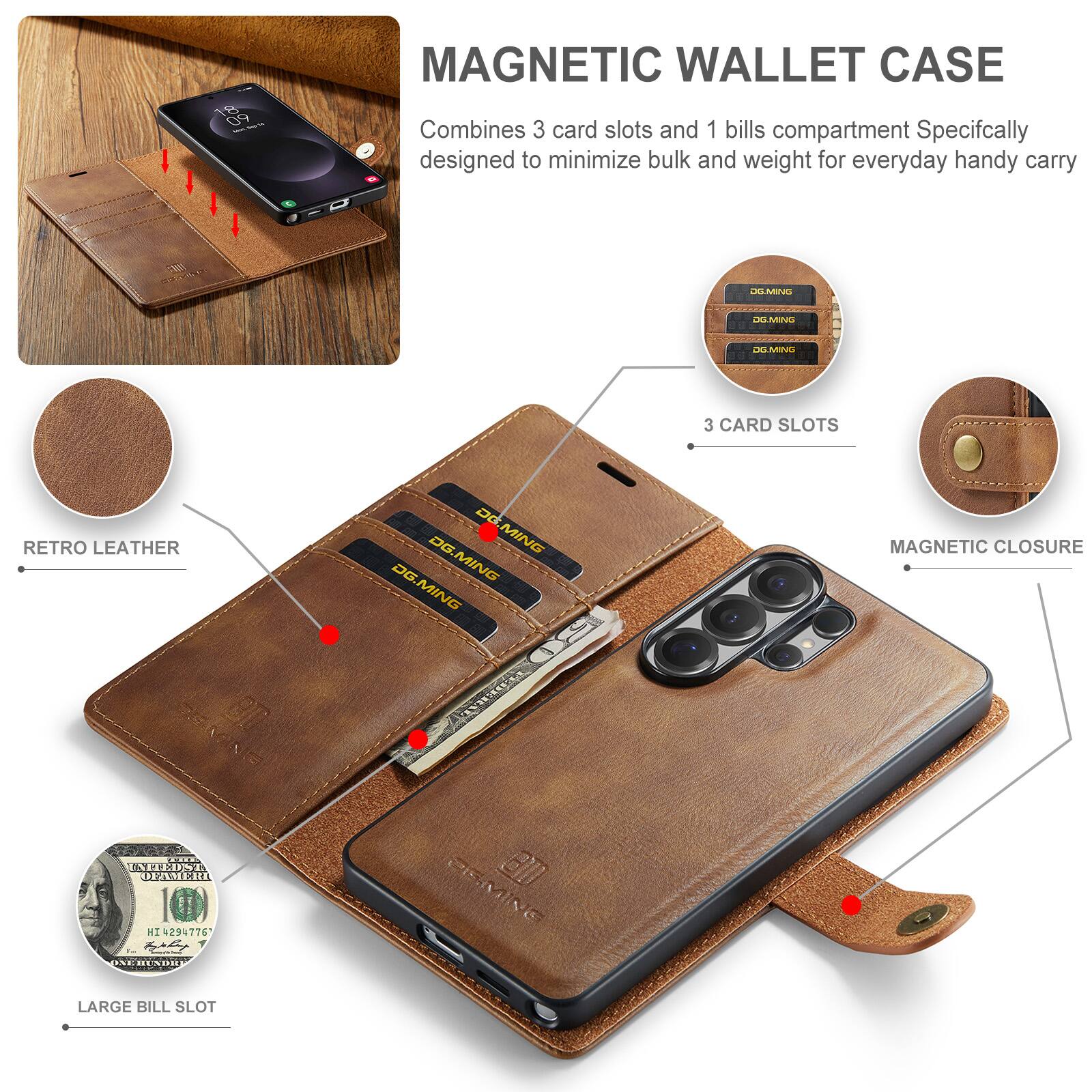 MAGNETIC WALLET CASE  
Combines 3 card slots and 1 bills compartment  
Specifically designed to minimize bulk and weight for everyday handy carry  

- RETRO LEATHER  
- 3 CARD SLOTS  
- MAGNETIC CLOSURE  
- LARGE BILL SLOT