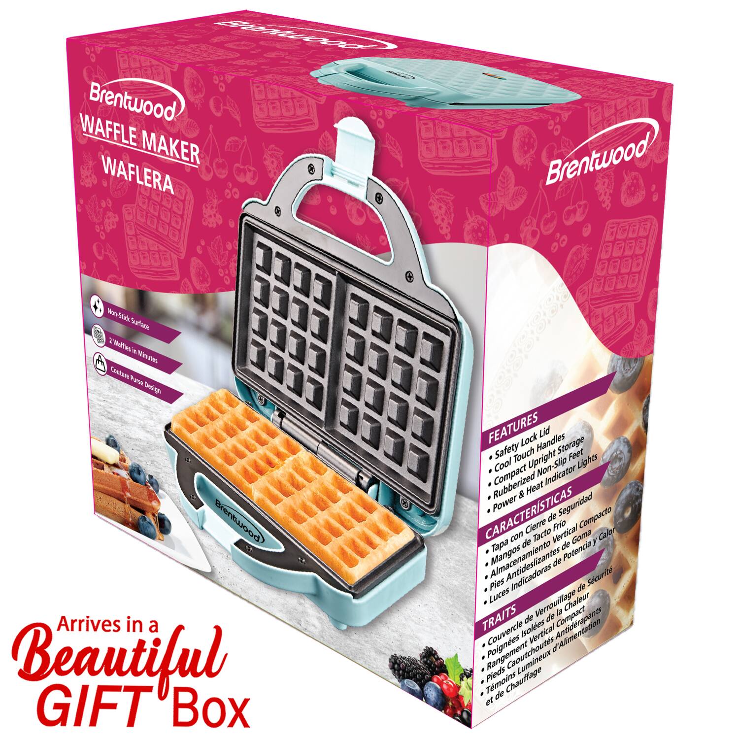Brentwood WAFFLE MAKER WAFLERA Brentwood Non-Stick Surface 2 Waffles in Minutes Confur Furse Decigo pooruar Arrives in a Beautiful GIFT Box FEATURES Lock Handles Lid Safety Cool Touch Storage Feet Cool Upright Non-Slip Lights Rubberized Indicator & Heat CARACTERISTICAS Power Seguridad de Compacto Cierre Frio cO de Tacto Vertical Goa y Calor Tap de Potencia Mangos Antideslizantes de Pies Indicadoras de Scurite Luces Verrouillage Chaleur l TRAITS Isoles de de Compact Poignes Couvercie Vertical d'Alimentation Pieds Lumieux Tmoiins Chauffage de et