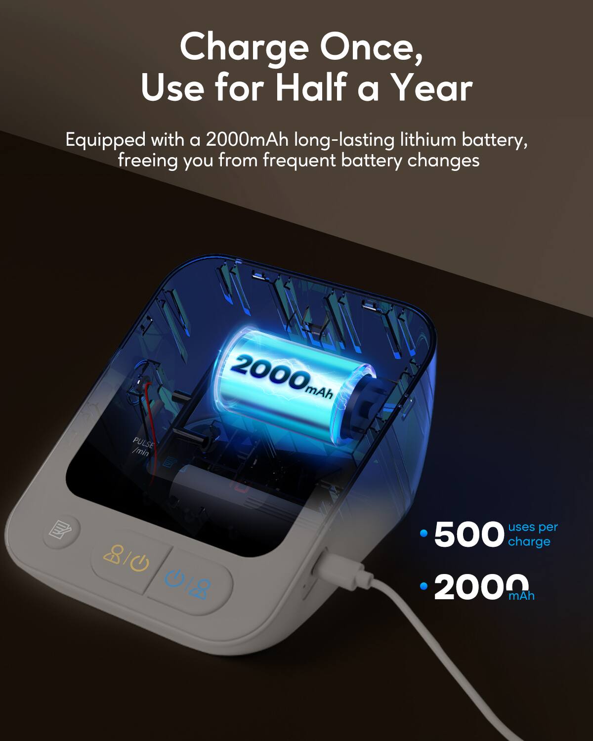 Charge Once, Use for Half a Year

Equipped with a 2000mAh long-lasting lithium battery, freeing you from frequent battery changes

- 500 uses per charge
- 2000mAh