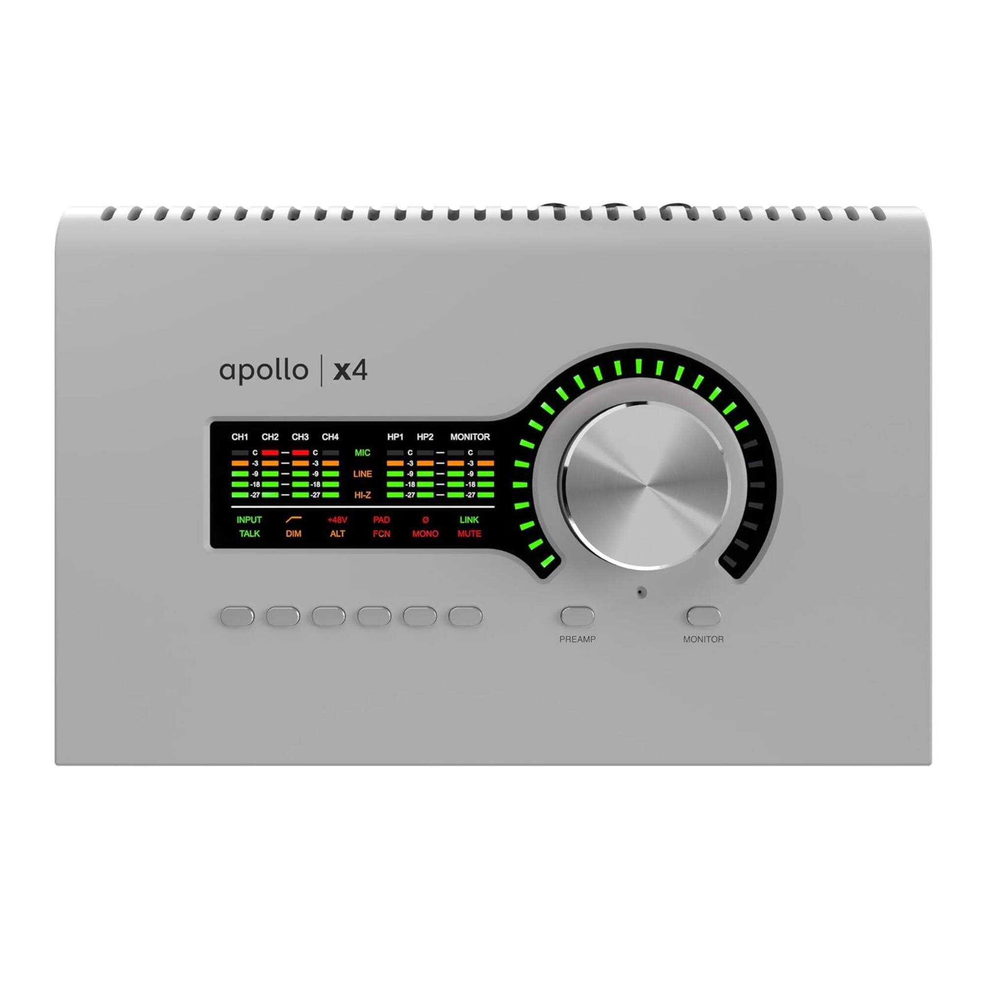apollo x4  
CH1 CH2 CH3 CH4  
HP1 HP2  
MONITOR  
MIC LINE  
INPUT  
PAD  
LINK  
TALK DIM ALT FCN MONO MUTE  
PREAMP  
MONITOR
