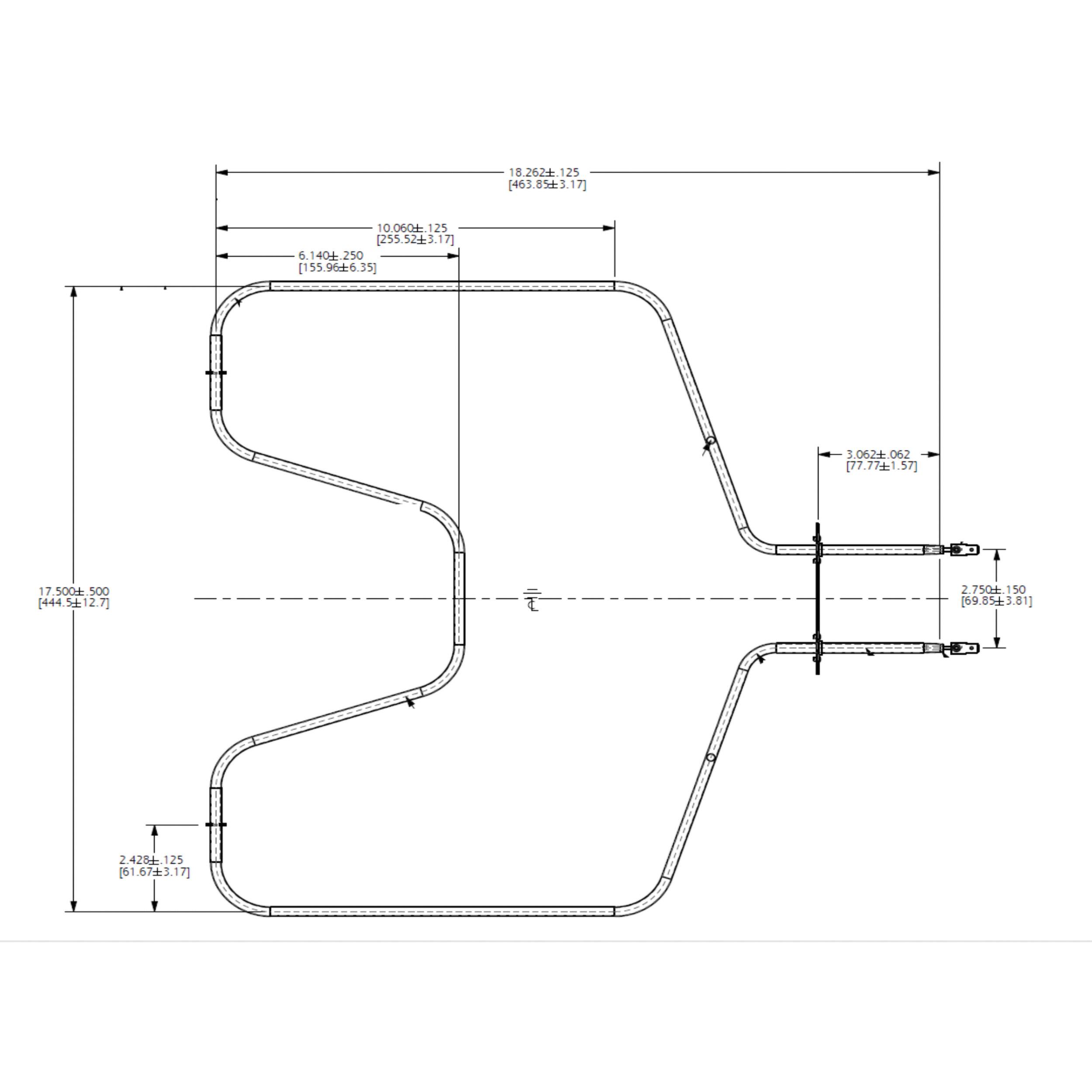 18.262.1.25  
125 [82o 10.060.125 25 [255.523.17]  
6.1404.250 d 250 [155.9626.35)  
5.06.2k. 062 (77.771.57)  
17 7.50045 500 [444.5k12.7]  
2.750.150 150 (59.853.81]  
2.4284-125 125 (51.673.17]  

17.500±500 [444.5±12.7]  
6.140±250 [155.96±6.35]  
10.060±125 [255.95±3.17]  
18.262.1.25 [463.8±2.17]  
3.062±0.62 [77.77±1.57]  
2.750±150 [69.85±3.81]  
2.428±125 [61.67±3.17]